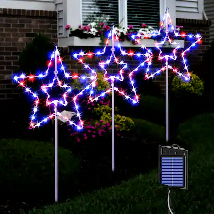 Front. Oumilen - 3 Pack Solar Double Star Pathway Lights – Red White Blue LED Yard Decor, 8 Modes with Remote for Outdoor Lawn.