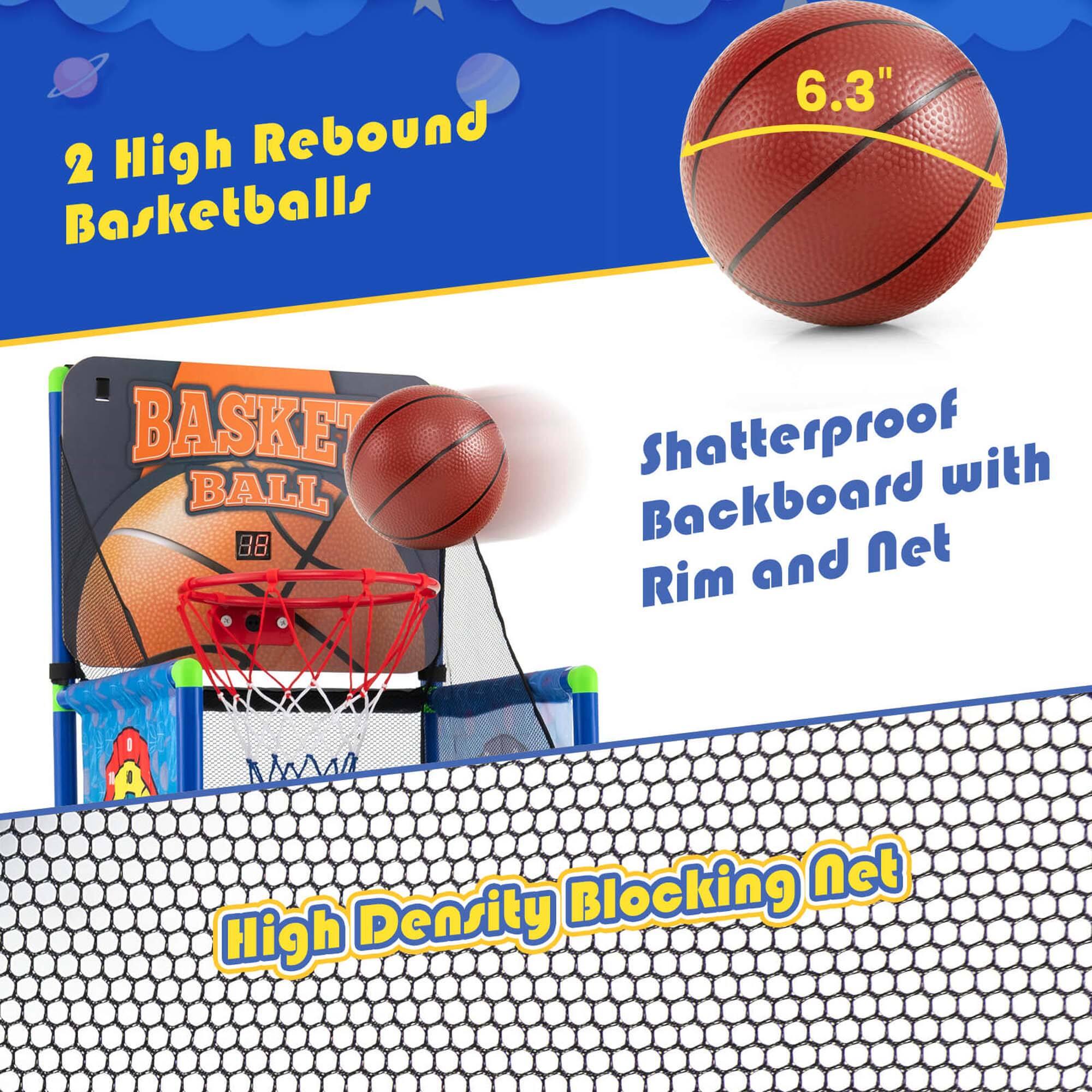 2 High Rebound Basketballs, 6.3" BASKET BALL, 88 Shatterproof with Backboard and Net, Rim and Net, High Density Blocking Net.
