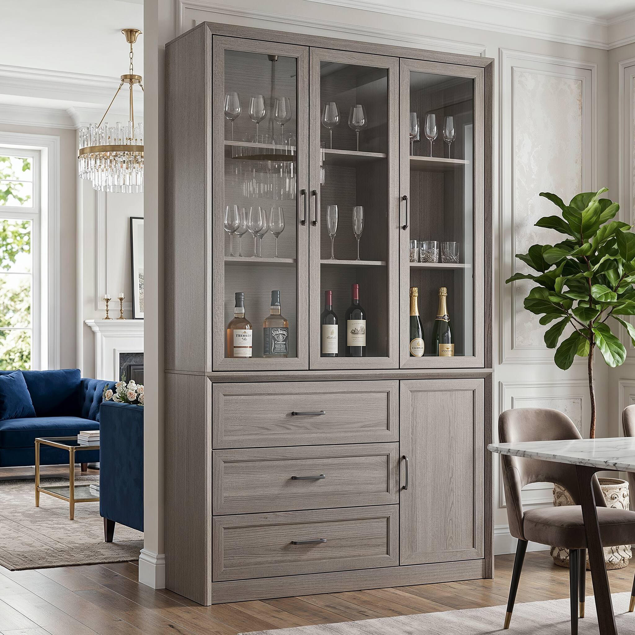 Back. FUFU & GAGA - Modern Grey Curio Cabinet with Glass Doors & Drawers, Dining Room Sideboard for Wine Glasses Storage, Anti-Tip - Gray.