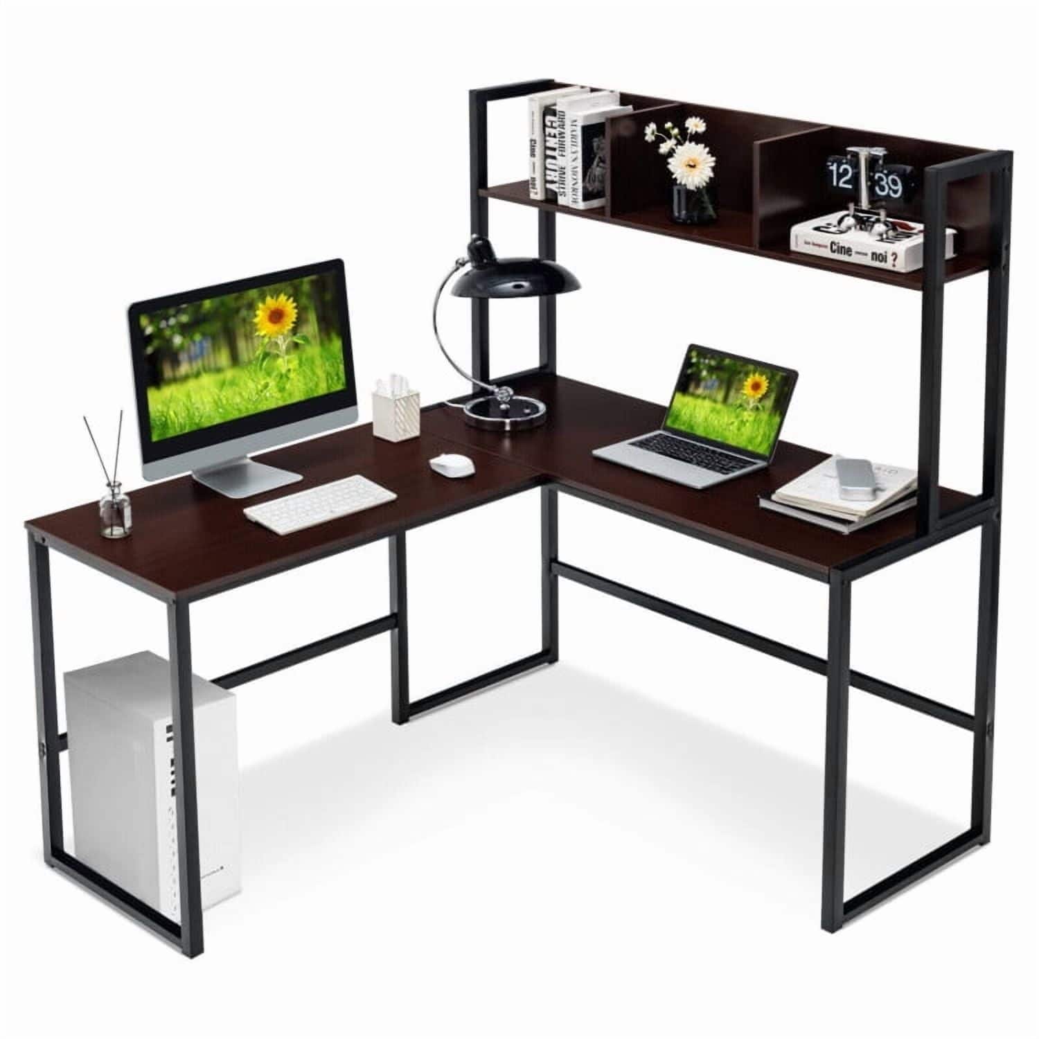 Pefilos - Reversible L-Shaped Corner Desk with Storage Bookshelf-Dark Office Desk, Gaming Computer Desks for Study, Working - Brown