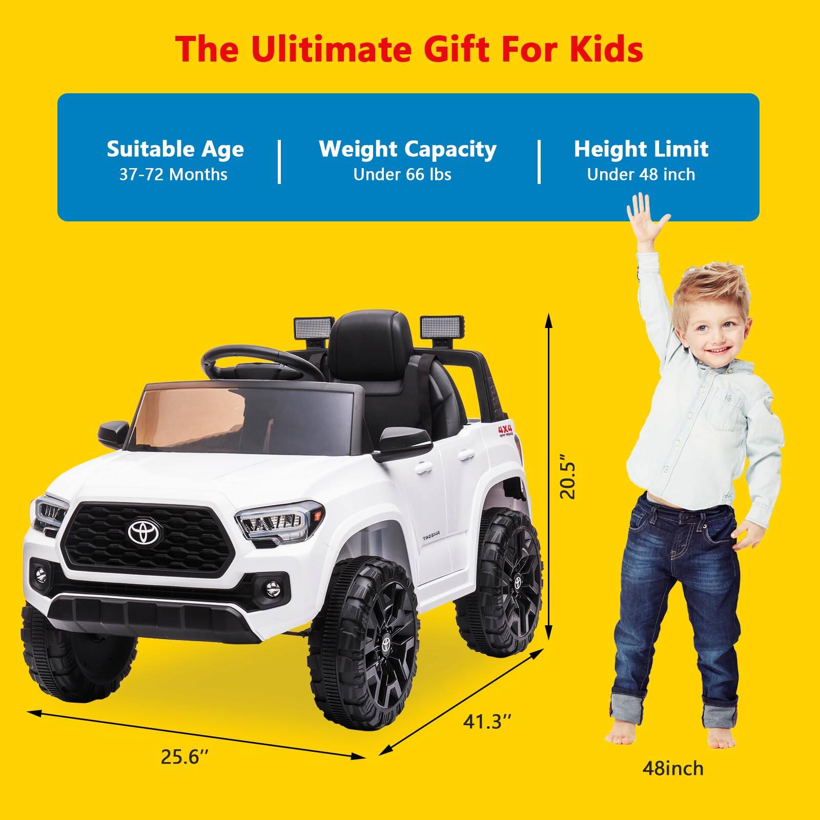 The Ultimate Gift For Kids

Suitable Age: 37-72 Months

Weight Capacity: Under 66 lbs

Height Limit: Under 48 inch

Dimensions:
- Width: 25.6"
- Length: 41.3"
- Height: 20.5"