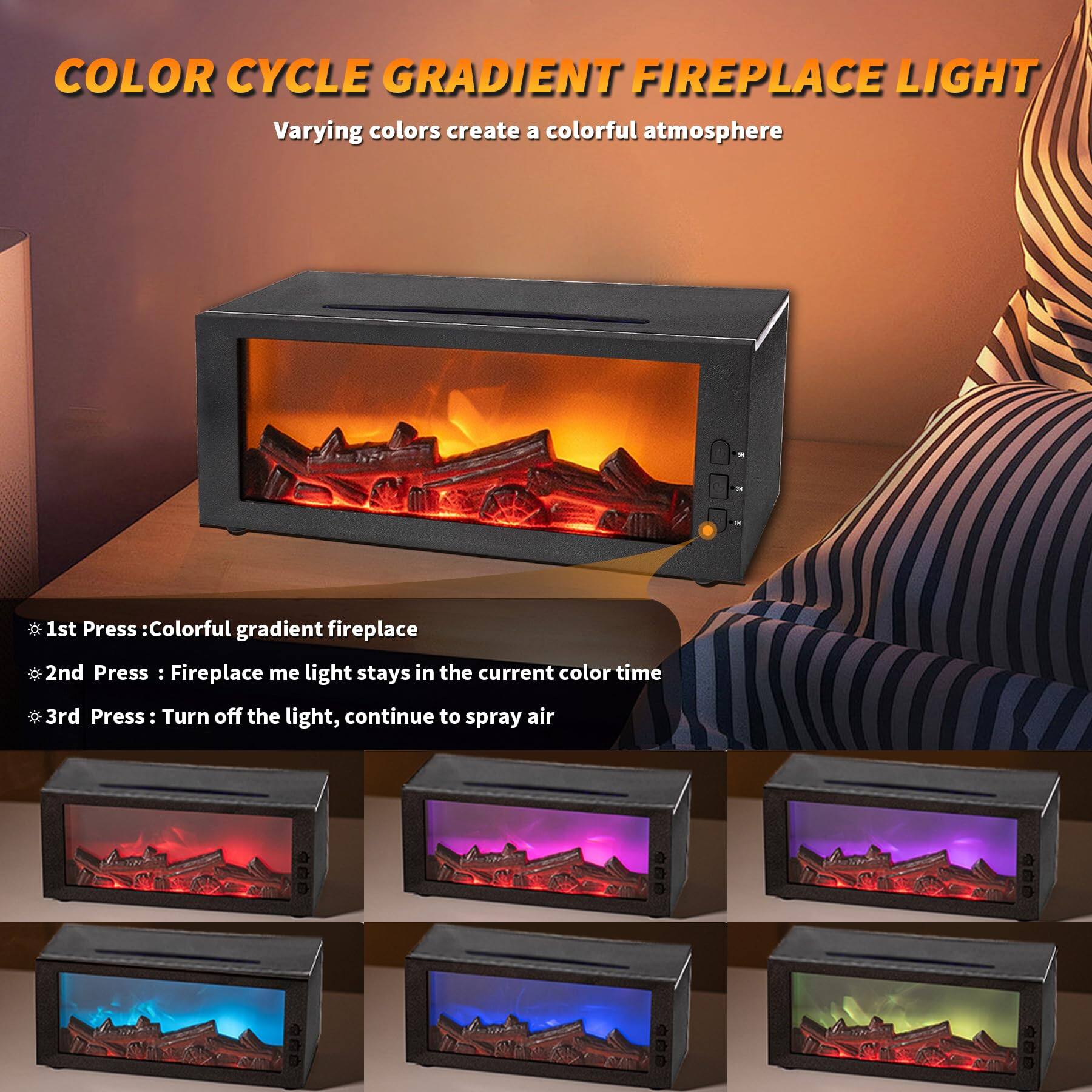 COLOR CYCLE GRADIENT FIREPLACE LIGHT  
Varying colors create a colorful atmosphere  

1st Press: Colorful gradient fireplace  
2nd Press: Fireplace me light stays in the current color time  
3rd Press: Turn off the light, continue to spray air