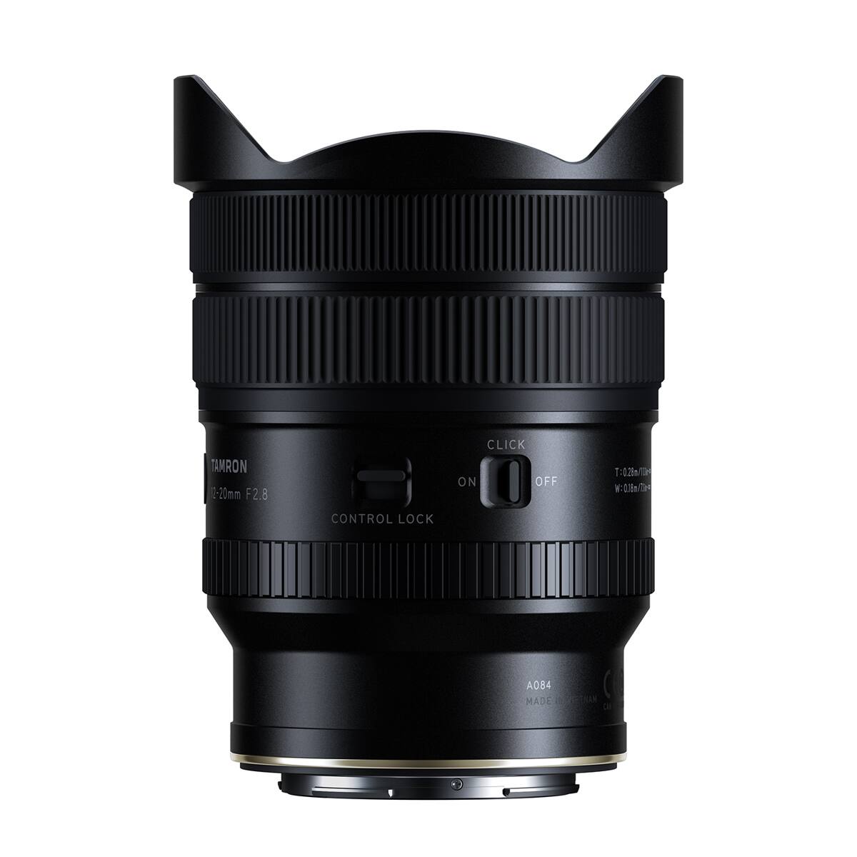 TAMRON 12-20mm F2.8  
CONTROL LOCK  
CLICK ON/OFF  
T: 0.26m/10ft  
W: 0.18m/2kg  
A084 MADE IN VIETNAM
