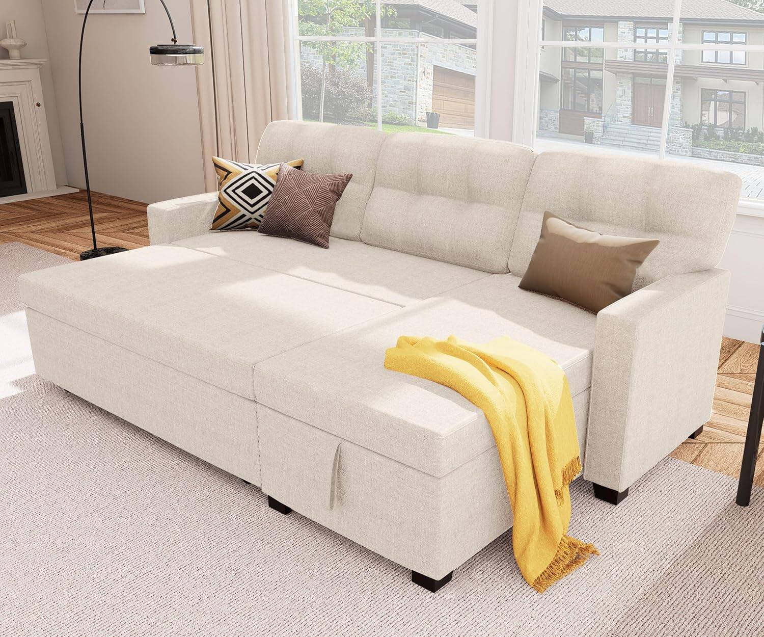 Front. Tiramisubest - Reversible Sectional Sofa,Sleeper Sofa with Storage Chaise,Pull Out Couch Bed | Removable Backrest | Linen Fabric,Beige - Beige.