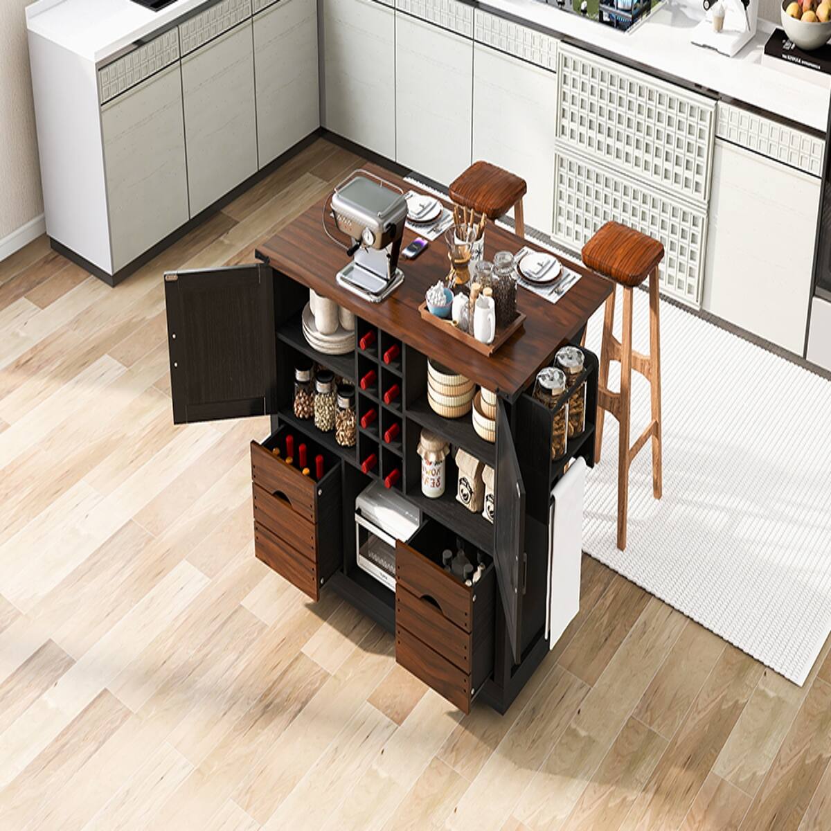 Alt View 4. Loheer - Loheer 54" Farmhouse Kitchen Island with Drop Leaf, Black Rolling Kitchen Cart with Power Outlet and Wine Rack - Black.
