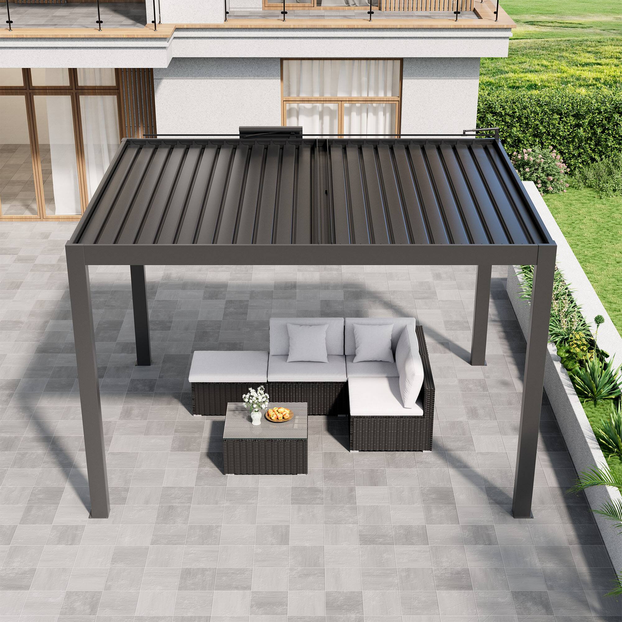 Left. Mondawe - 10ft x 13ft Solar-Powered Aluminum Pergola with Adjustable Louvers and Hidden Drainage System - Grey.