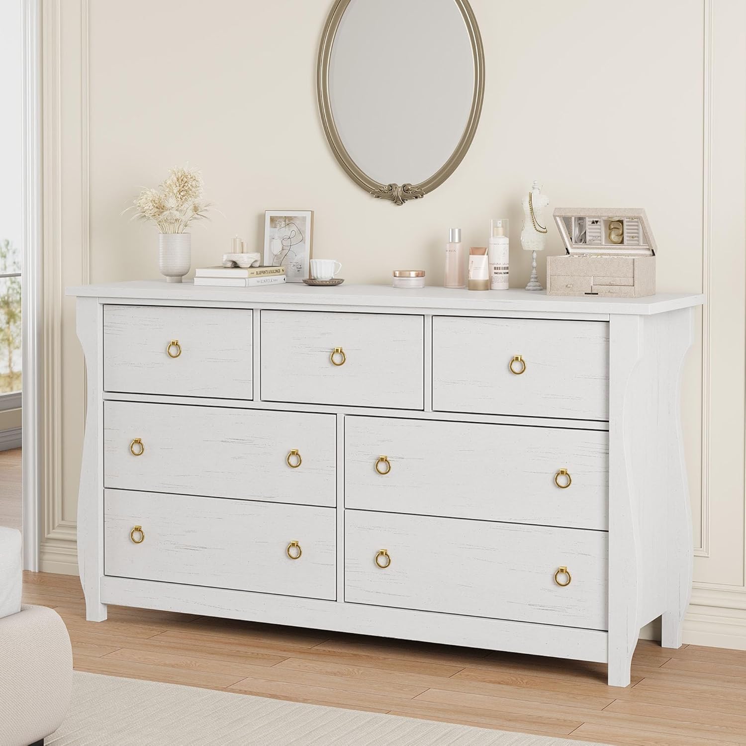 Front. Homhougo - 7 Dresser for Bedroom, 54 in Wide Drawer Dresser with Storage Freestanding, Wooden Closet Storage Chest for Living - White 7 Drawers.