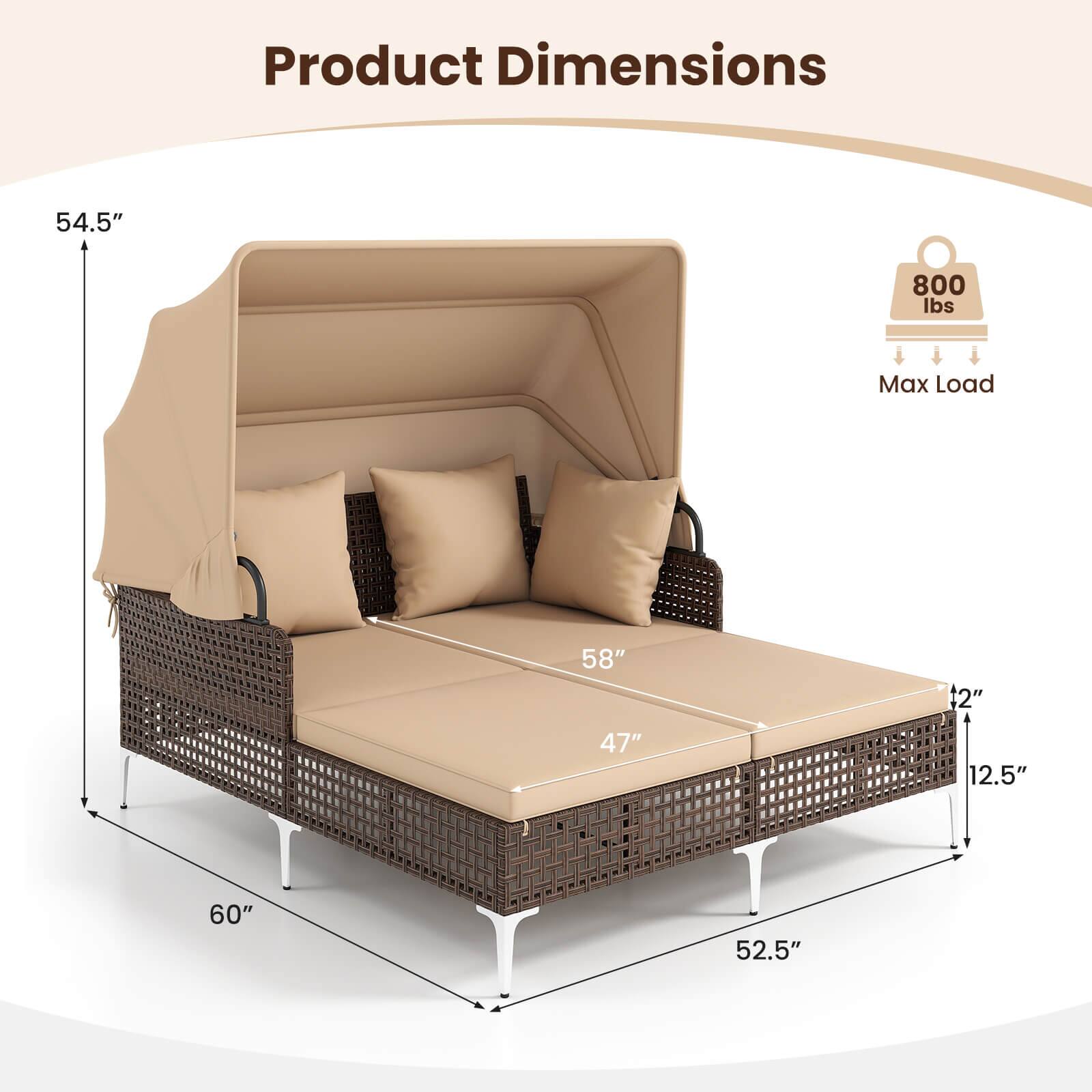 Product Dimensions

- 54.5" (height)
- 60" (width)
- 52.5" (depth)
- 58" (length)
- 47" (seat depth)
- 2" (seat height)
- 12.5" (side height)

Max Load: 800 lbs