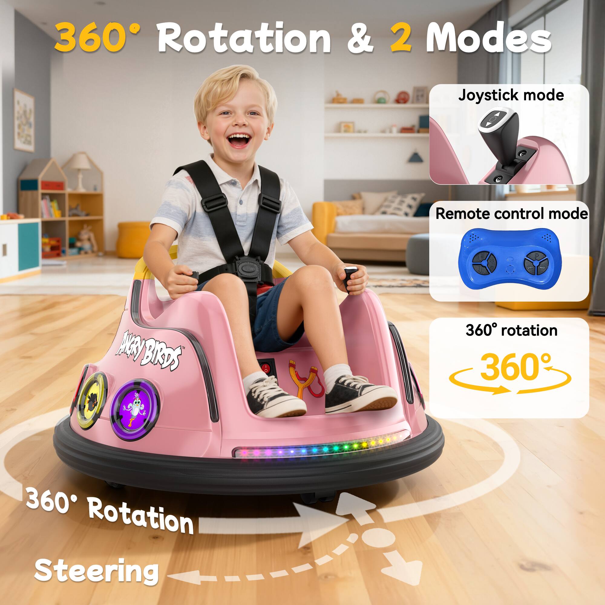 360° Rotation & 2 Modes

Joystick mode
Remote control mode

360° rotation

360° Rotation Steering
