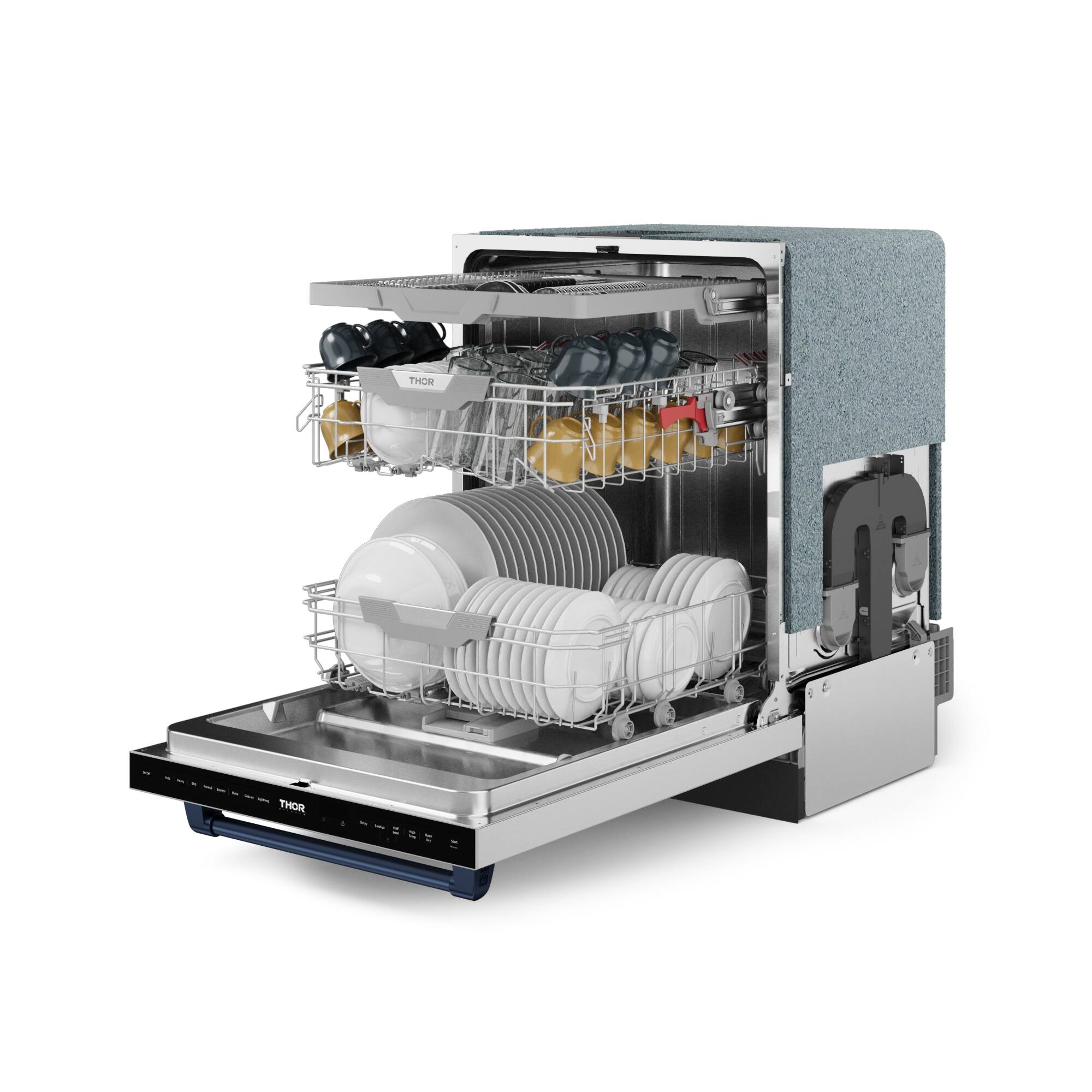 The image features a Thor dishwasher with a clear door, showcasing the interior of the machine. The dishwasher is filled with various dishes, including cups, bowls, and bottles. The dishes are arranged in different compartments of the dishwasher, with some placed in the upper rack and others in the lower rack. The dishwasher is designed to efficiently clean and dry the dishes, making it a convenient appliance for maintaining a clean and organized kitchen.