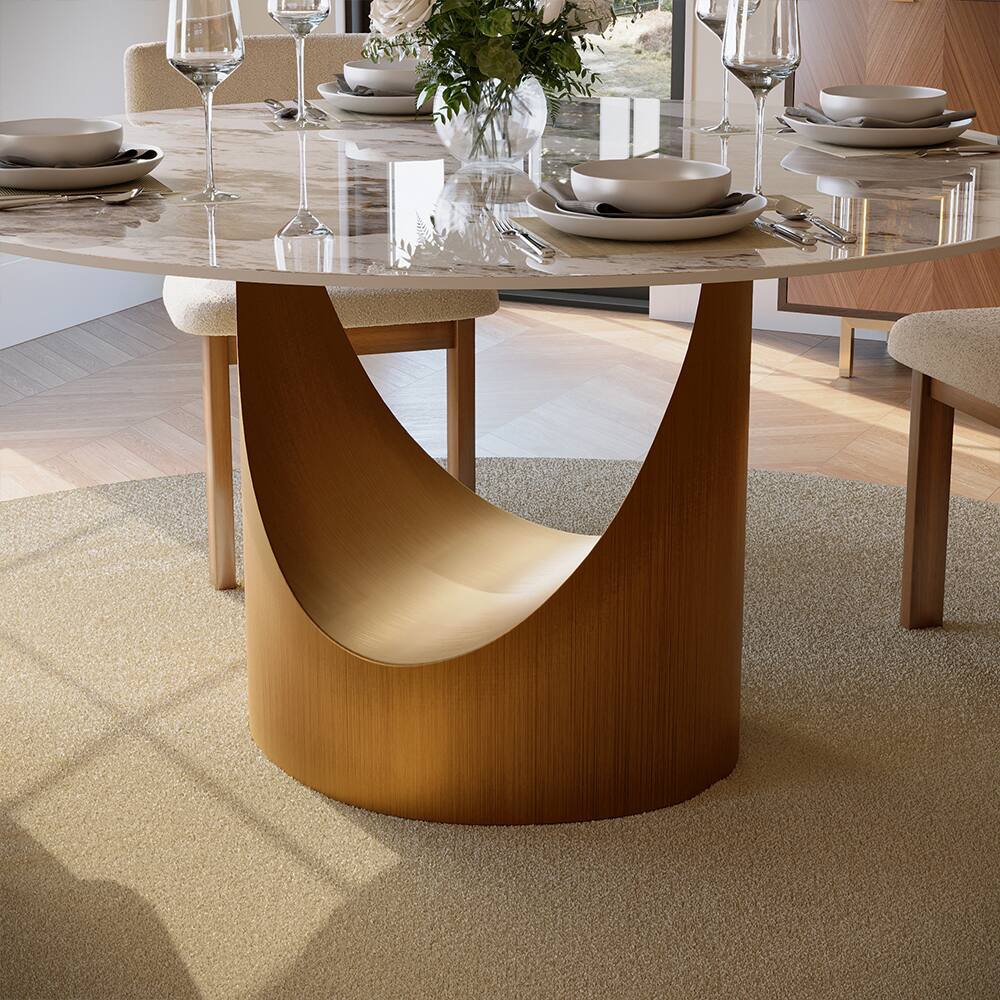 Alt View 1. POVISON - 59" Modern Round Dining Table for 6 Pandora Glossy Sintered Stone Table with Bronze Carbon Steel Pedestal - White with Bronze.