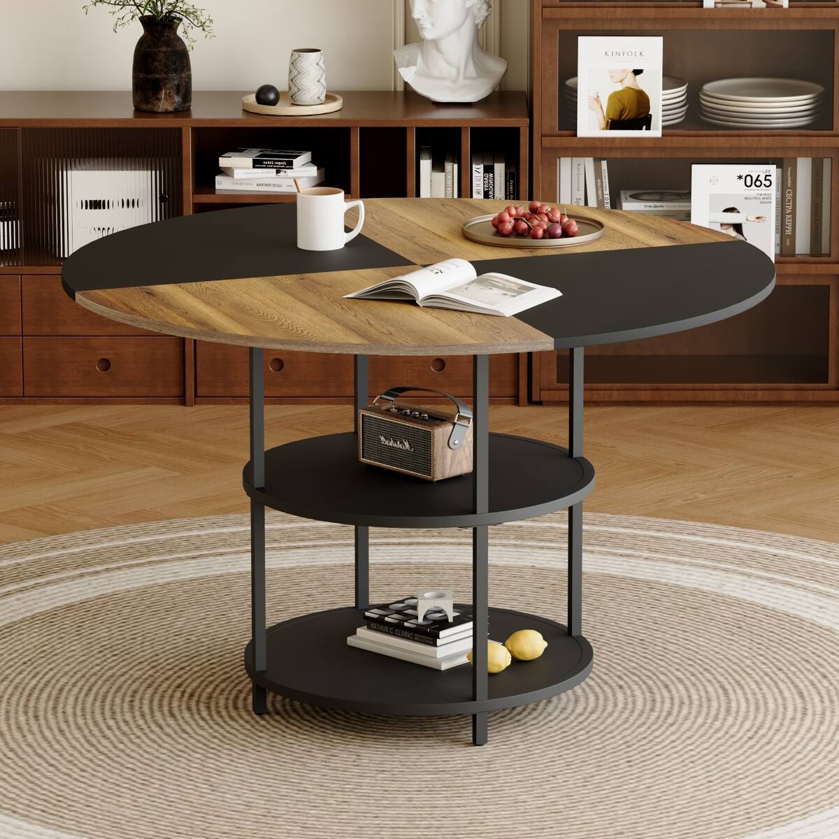 Loheer 47.3 Inch Round Dining Table with Double Layer Storage, Wood and ...