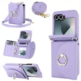 Dteck - for Samsung Galaxy Z Flip5 Crossbody Wallet Case,Shockproof Faux Leather Card Holder Hinge Cover with Bulit in Grip RIng - Lightpurple