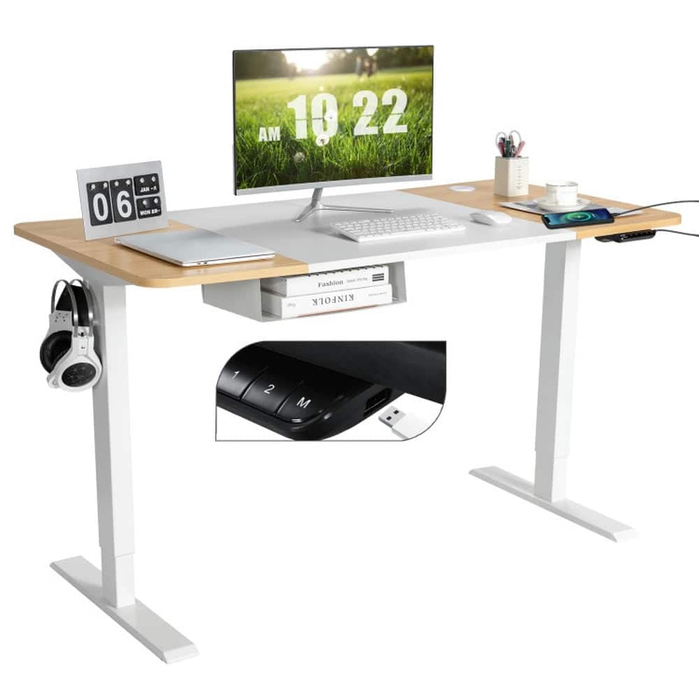 Kadyn - 55 x 28 Inch Electric Adjustable Sit to Stand Desk with USB Port-Natural, Home Office Desks, Gaming Computer Desks - Brown