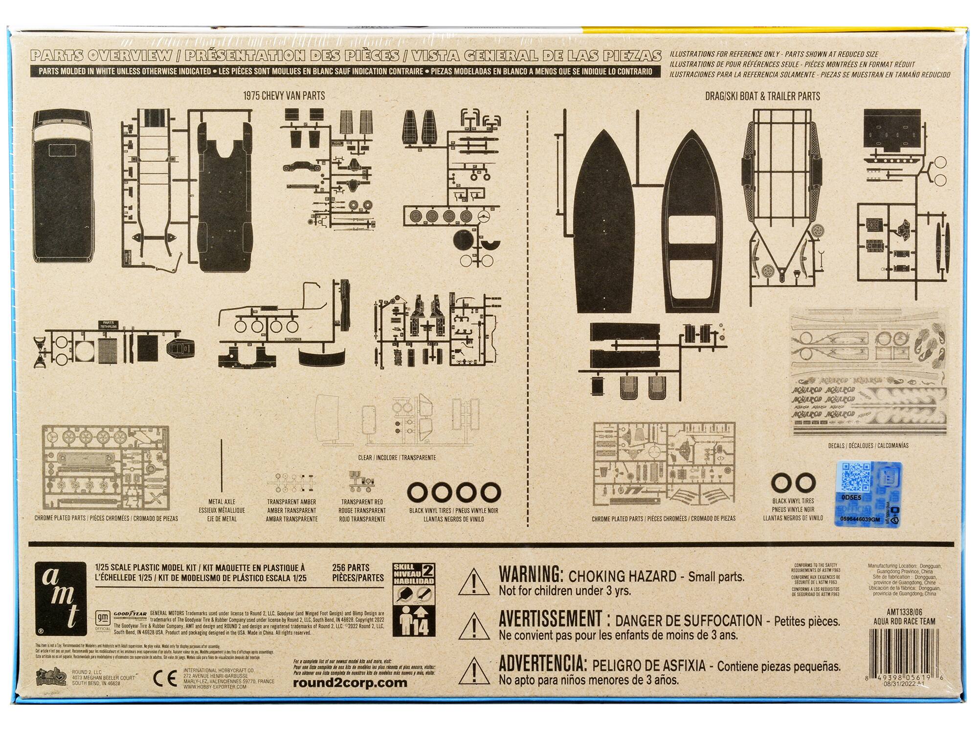**Parts Overview / Présentation des pièces / Vista general de las piezas**

**1975 Chevy Van Parts**

**Dragiski Boat & Trailer Parts**

**Illustrations for reference only - Parts shown at reduced size / Illustrations de référence seulement - Pièces montées en format réduit / Ilustraciones para la referencia solamente - Piezas se muestran en tamaño reducido**

**Parts molded in white unless otherwise indicated / Les pièces sont moulées en blanc sauf indication contraire / Piezas modeladas en blanco a menos que se indique lo contrario**

**Chrome plated parts / Pièces chromées / Cromado de piezas**

**Transparent amber / Amber transparente**

**Transparent red / Rouge transparent**

**Black vinyl tires / Pneus vinyle noir / Llantas negras de vinilo**

**Clear / Incolor / Transparente**

**256 parts / 256 pièces / 256 piezas**

**1/25 scale plastic model kit / Kit maquette en plastique à l'échelle 1/25 / Kit de modelismo de plástico escala 1/25**

**Skill level / Niveau