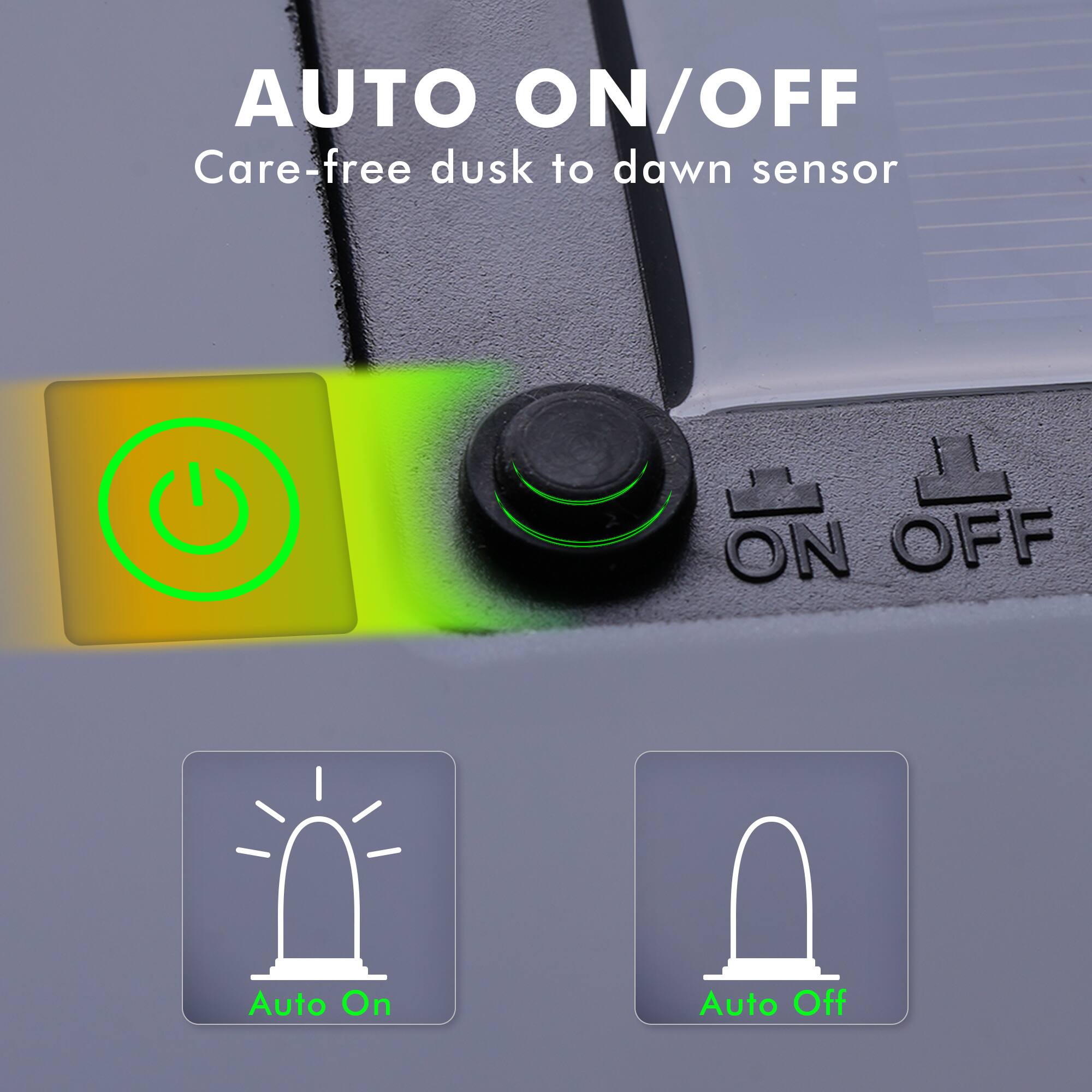 AUTO ON/OFF  
Care-free dusk to dawn sensor  

ON OFF  
Auto On  
Auto Off