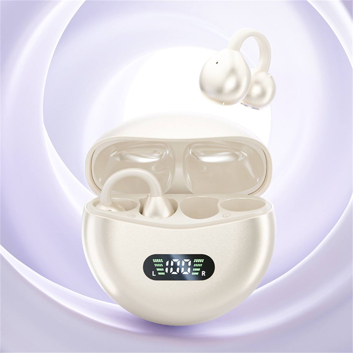 RISOKEYS - Open-Ear Bt Headphones - Spherical Mobile Wireless Lightweight Earphone, Clip-on Ear with Power Display for Small Ears - Off-white