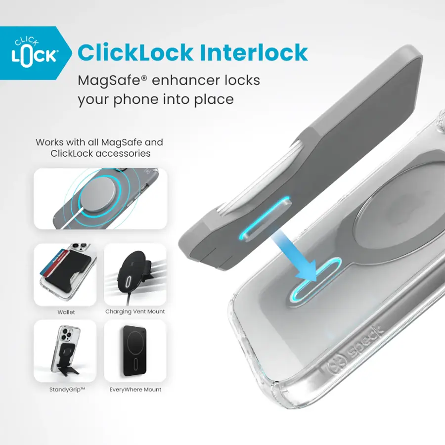 ClickLock Interlock MagSafe enhancer locks your phone into place. It works with all MagSafe and ClickLock accessories, including wallets, charging, vent mounts, and Speck StandyGrip EveryWhere Mounts.
