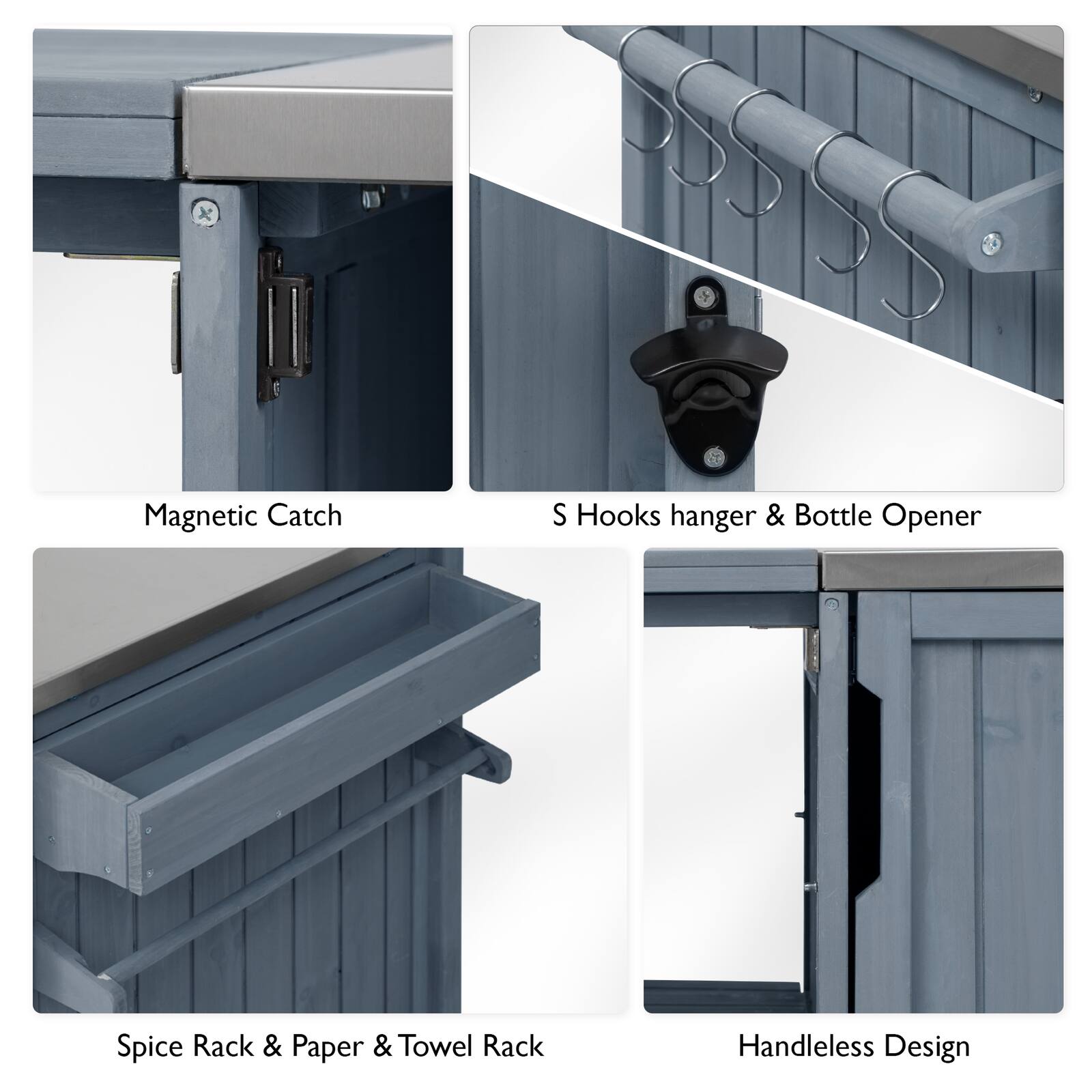 - Magnetic Catch
- S Hooks hanger & Bottle Opener
- Spice Rack & Paper & Towel Rack
- Handleless Design