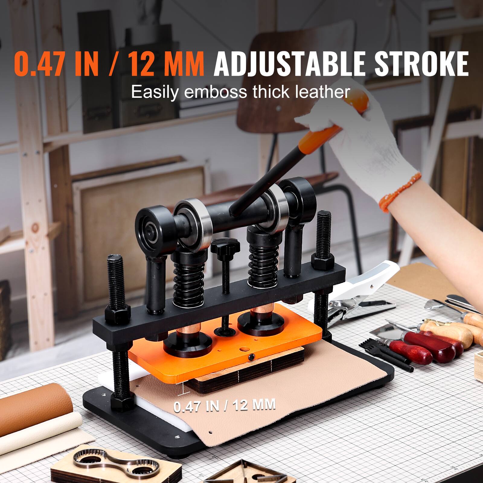 0.47 IN / 12 MM ADJUSTABLE STROKE  
Easily emboss thick leather