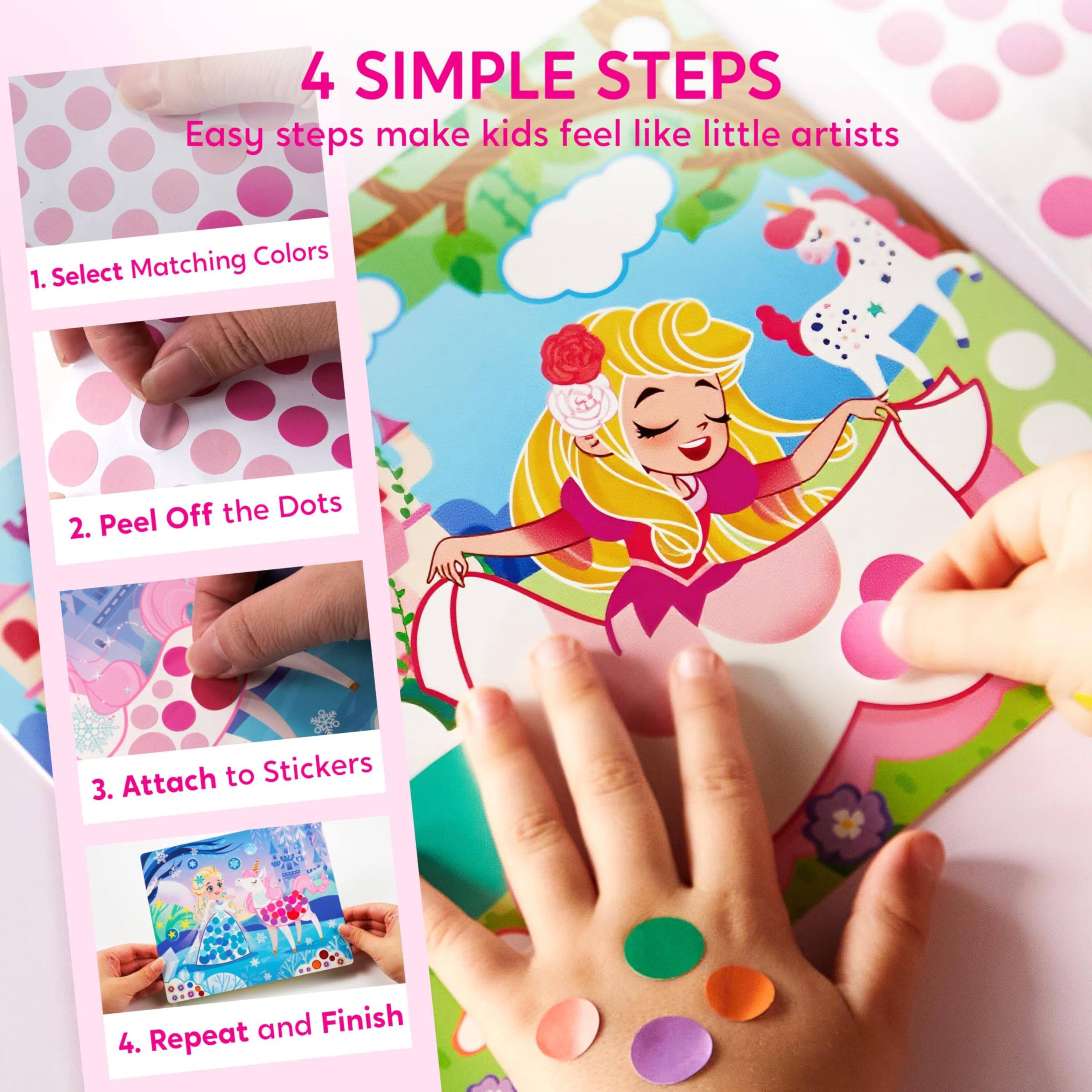 4 SIMPLE STEPS  
Easy steps make kids feel like little artists

1. Select Matching Colors
2. Peel Off the Dots
3. Attach to Stickers
4. Repeat and Finish
