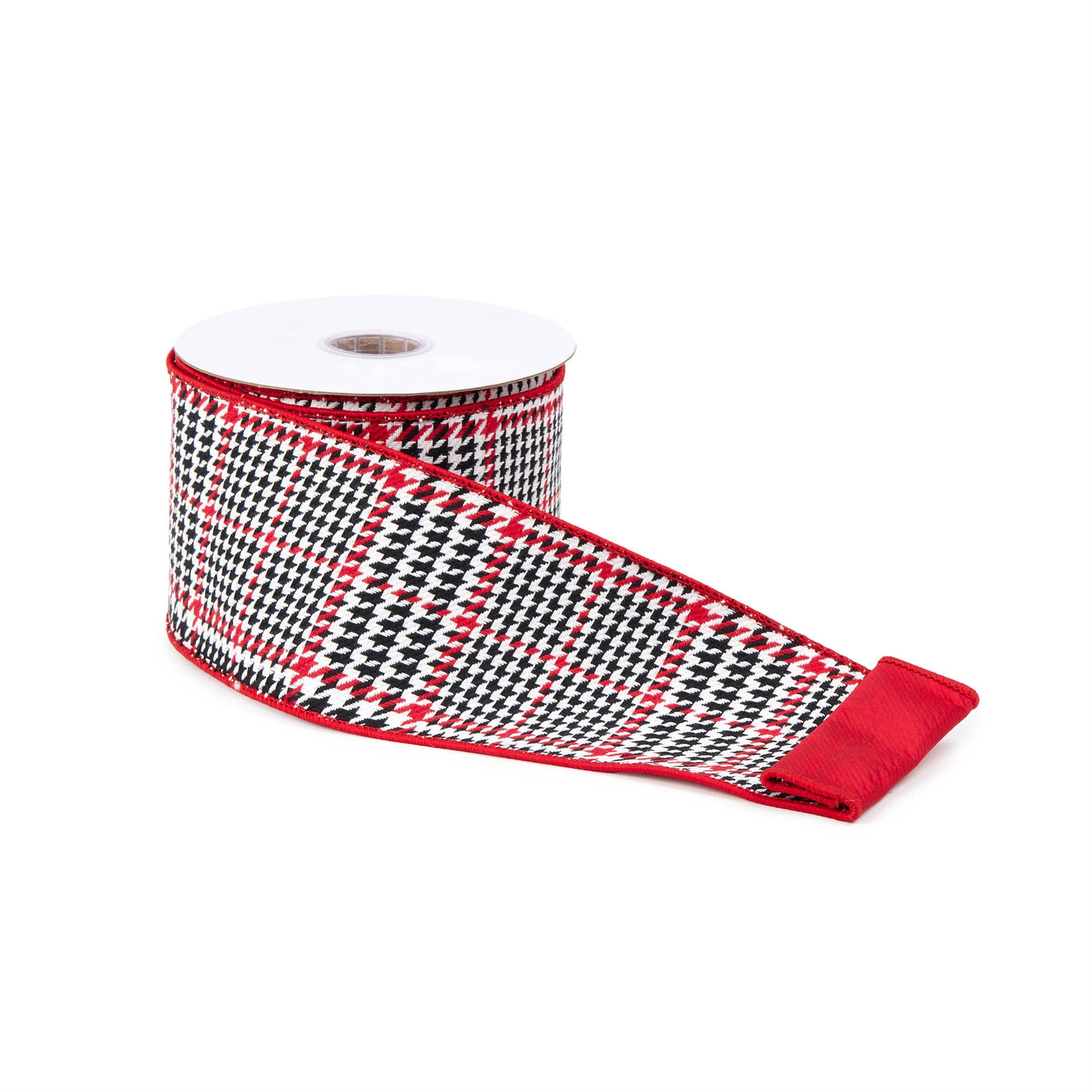 Left. BreeBe - Red and Black Houndstooth Plaid Wired Ribbon 4" x 10yds - Black, Red, White.