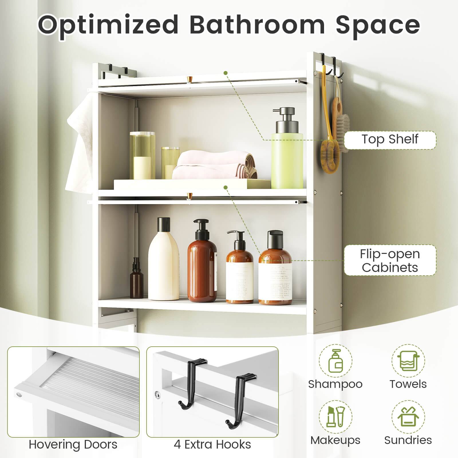 Optimized Bathroom Space

- Top Shelf
- Flip-open Cabinets
- Shampoo
- Towels
- Hovering Doors
- 4 Extra Hooks
- Makeups
- Sundries