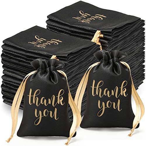 ESBANY – 100 Pcs Thank You Satin Gift Bags Drawstring Jewelry Candy Pouches for Wedding Bridal Shower Baby Shower Favor – Black