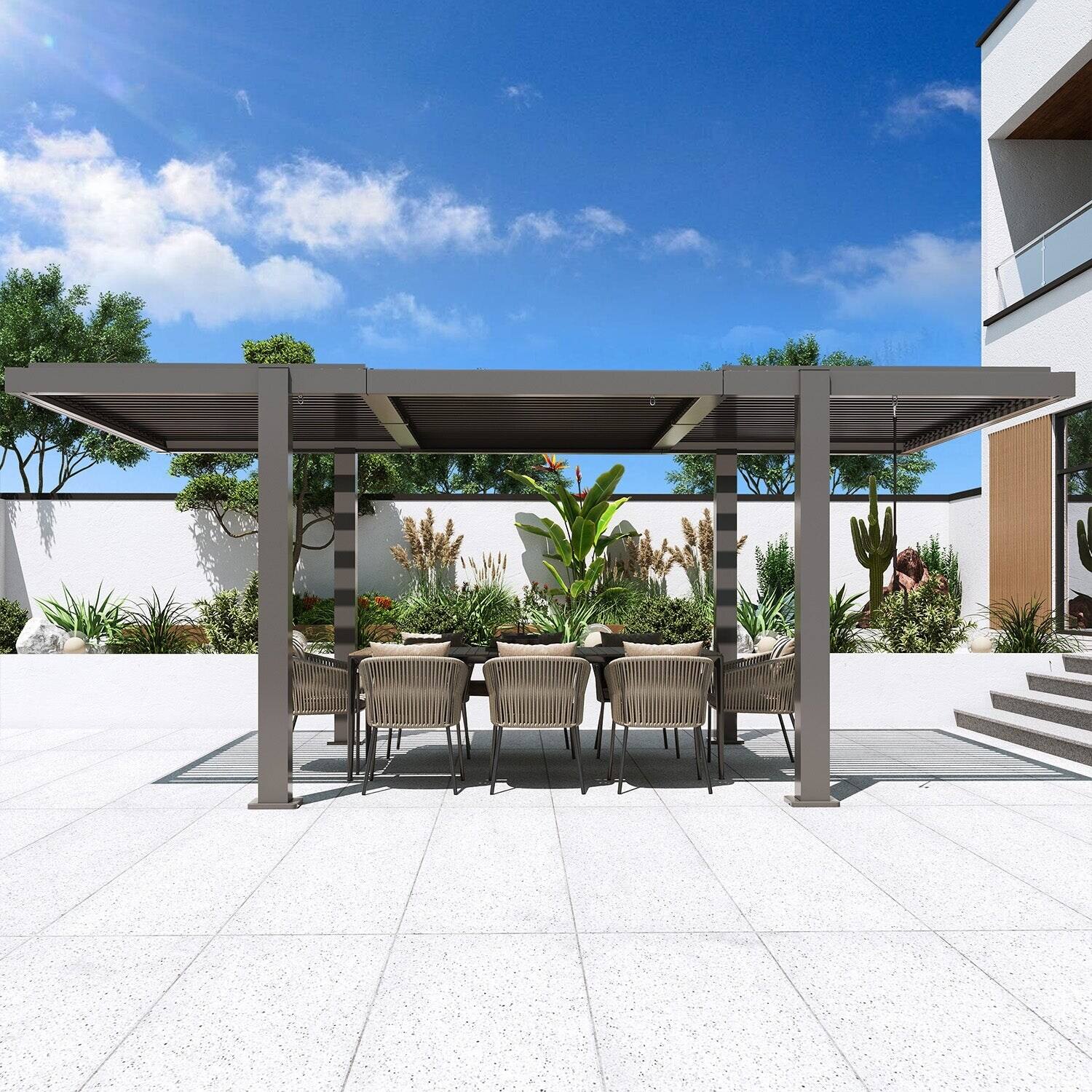 Angle. U-HOMY - Aluminum Louvered Pergola 10x18 FT with Adjustable Roof & Hidden Drainage, Modern Outdoor Hardtop Gazebo - Black.