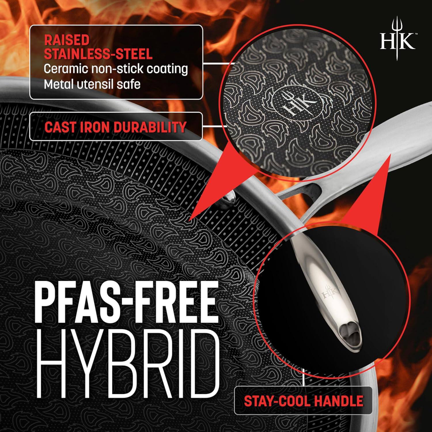 RAISED STAINLESS-STEEL  
Ceramic non-stick coating  
Metal utensil safe  

CAST IRON DURABILITY  

PFAS-FREE HYBRID  

STAY-COOL HANDLE