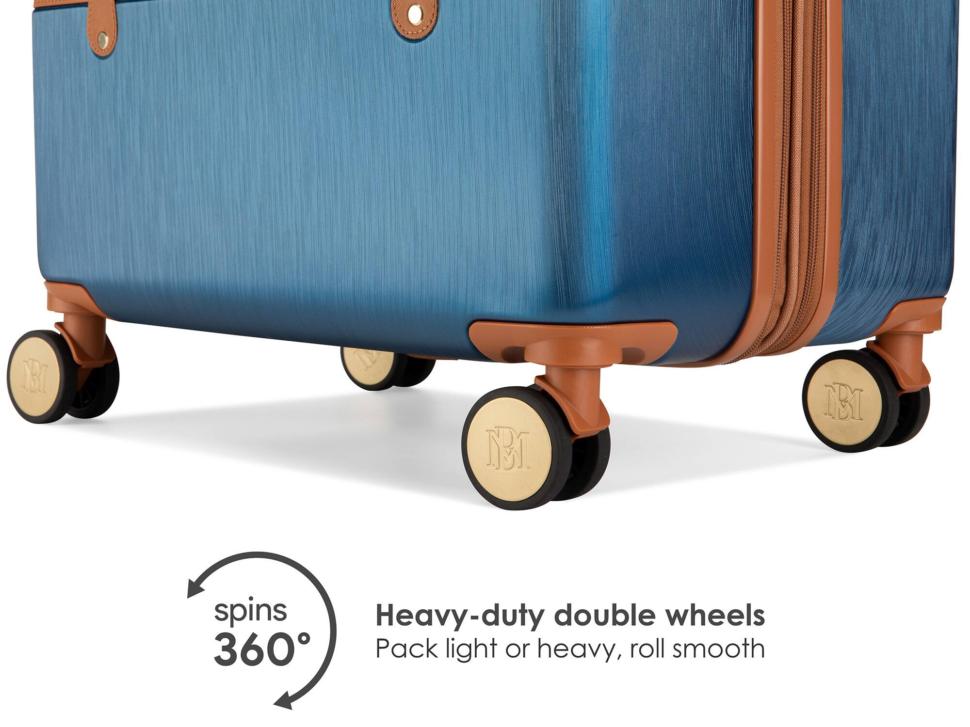 spins 360°, Heavy-duty double wheels, Pack light or heavy, roll smooth