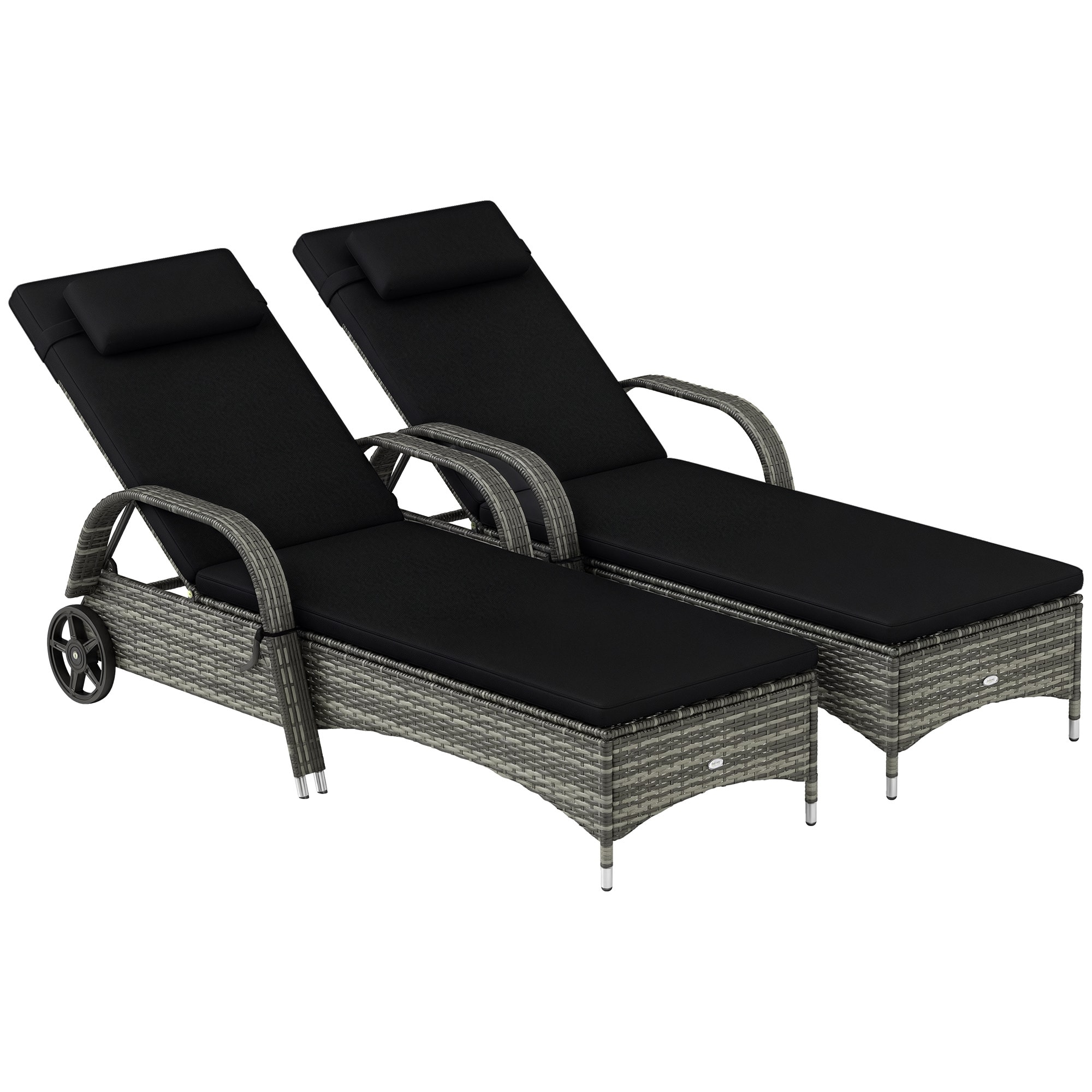 Outsunny - Reclining Chaise Lounge Chairs, Rolling Outdoor Chairs with Cushion, Pillow, Headrest, Armrests - Mixed Gray and Charcoal Black