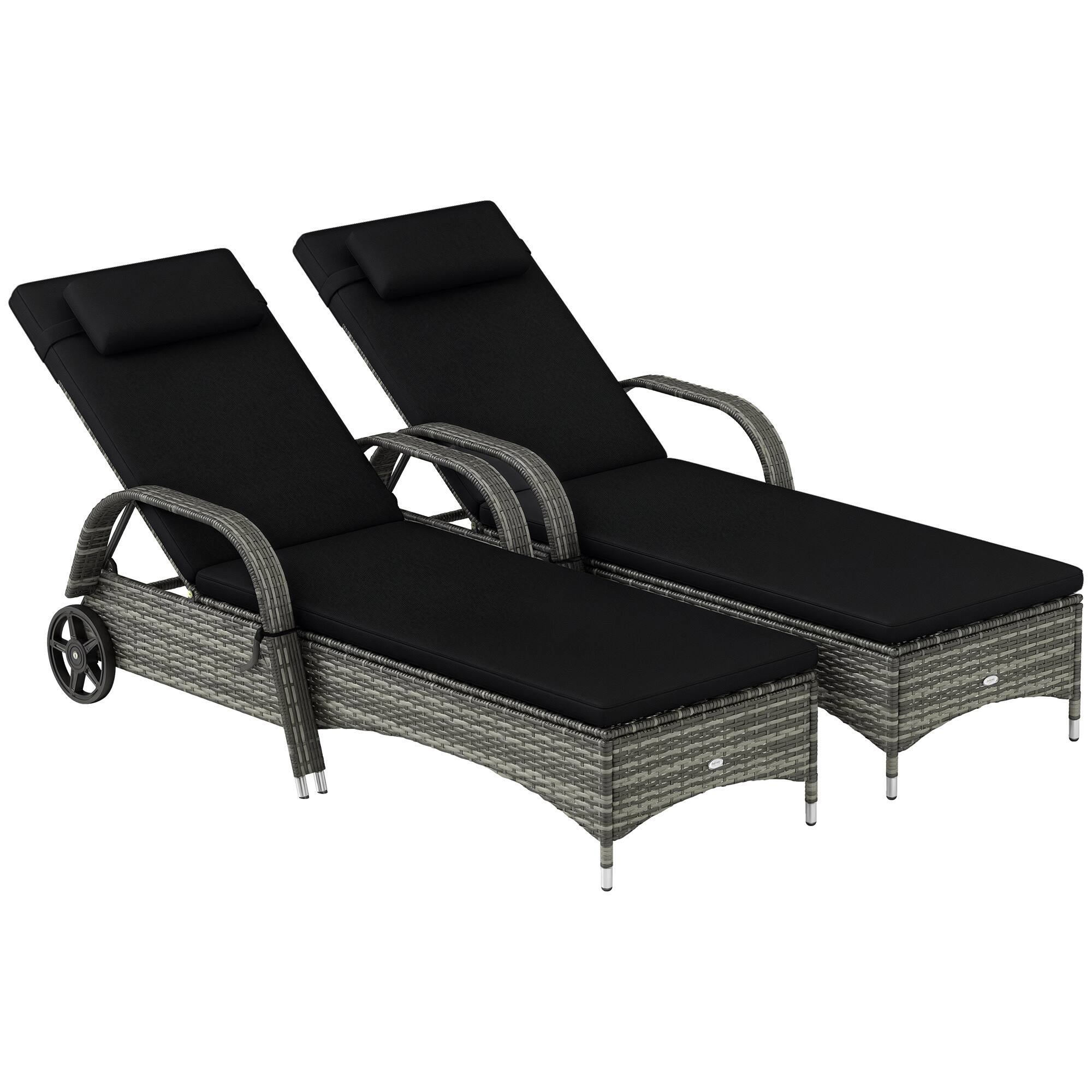 Outsunny - Reclining Chaise Lounge Chairs, Rolling Outdoor Chairs with Cushion, Pillow, Headrest, Armrests - Mixed Gray and Charcoal Black