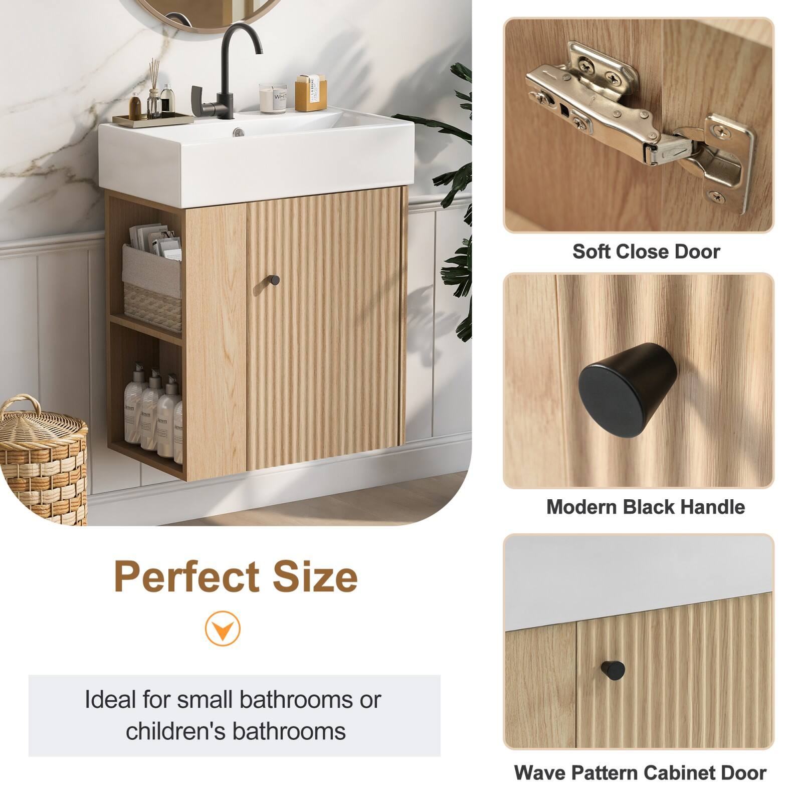 - Soft Close Door
- Modern Black Handle
- Perfect Size
  - Ideal for small bathrooms or children's bathrooms
- Wave Pattern Cabinet Door