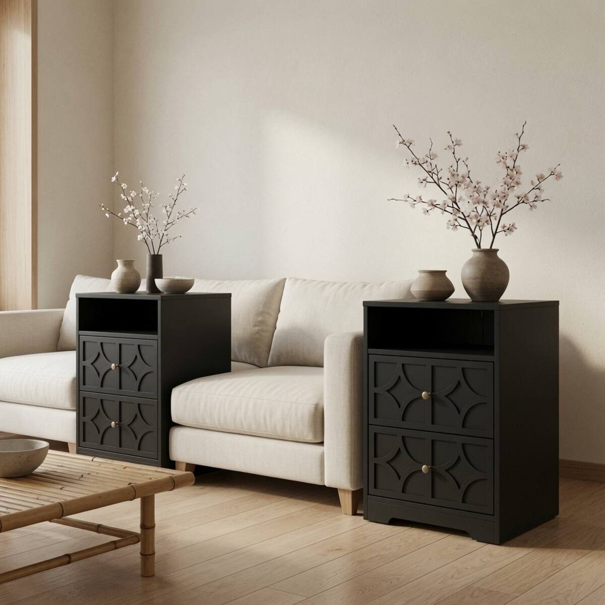 Alt View 4. Loheer - Loheer Set of 2 Black Nightstands with Charging Station, Two Drawers and Open Shelf, 18.9-Inch Wide - Black.