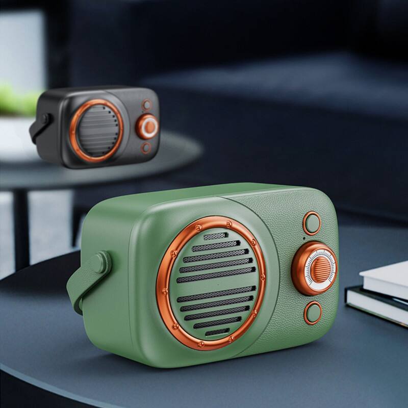 Left. SKRAN - Portable Bluetooth Speaker, Mini Speaker with USB & TF Card Playback, Retro Style for Home, Camping & Travel.