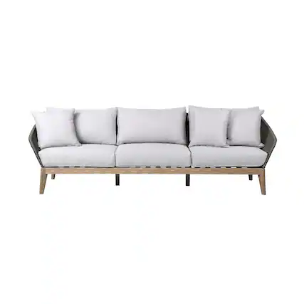 Front. Armen Living - Athos Indoor Outdoor 3 Seater Sofa in Light Eucalyptus Wood with Charcoal Rope and Gray Cushions - Gray.