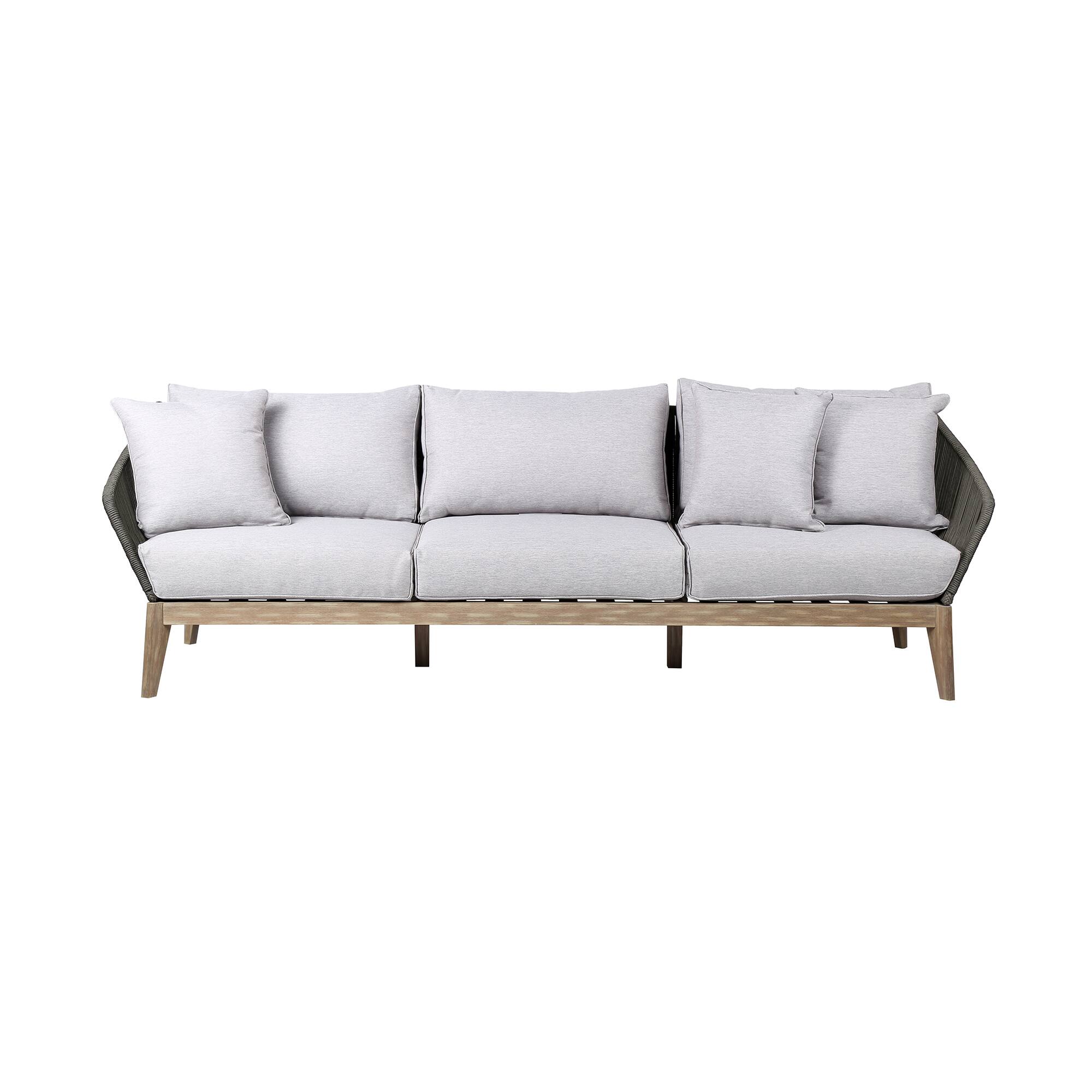 Front. Armen Living - Athos Indoor Outdoor 3 Seater Sofa in Light Eucalyptus Wood with Charcoal Rope and Gray Cushions - Gray.