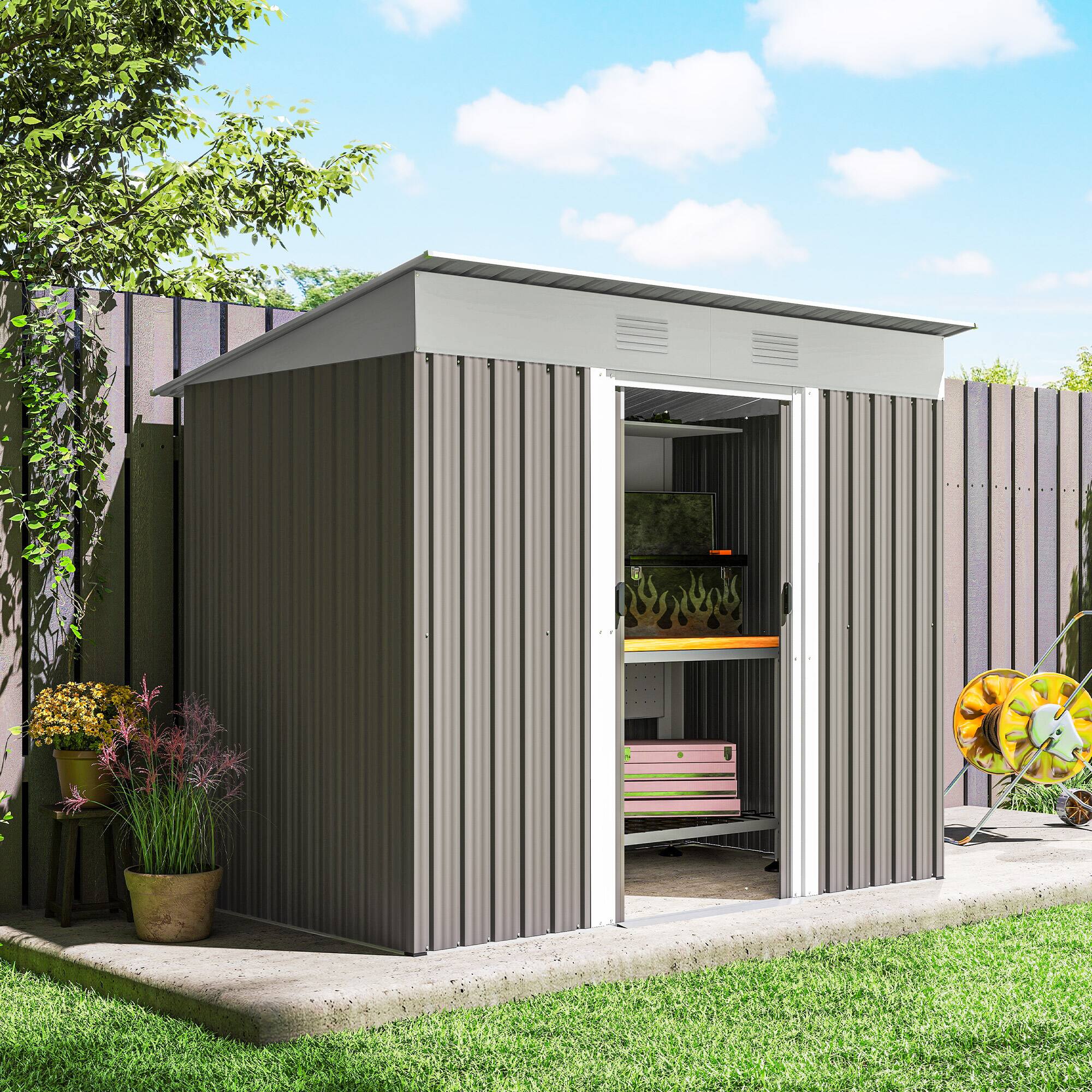 Alt View 7. Outsunny - x 4' Metal Garden Shed, Backyard Tool Storage Shed with Dual Locking Doors, 2 Air Vents and Steel Frame.