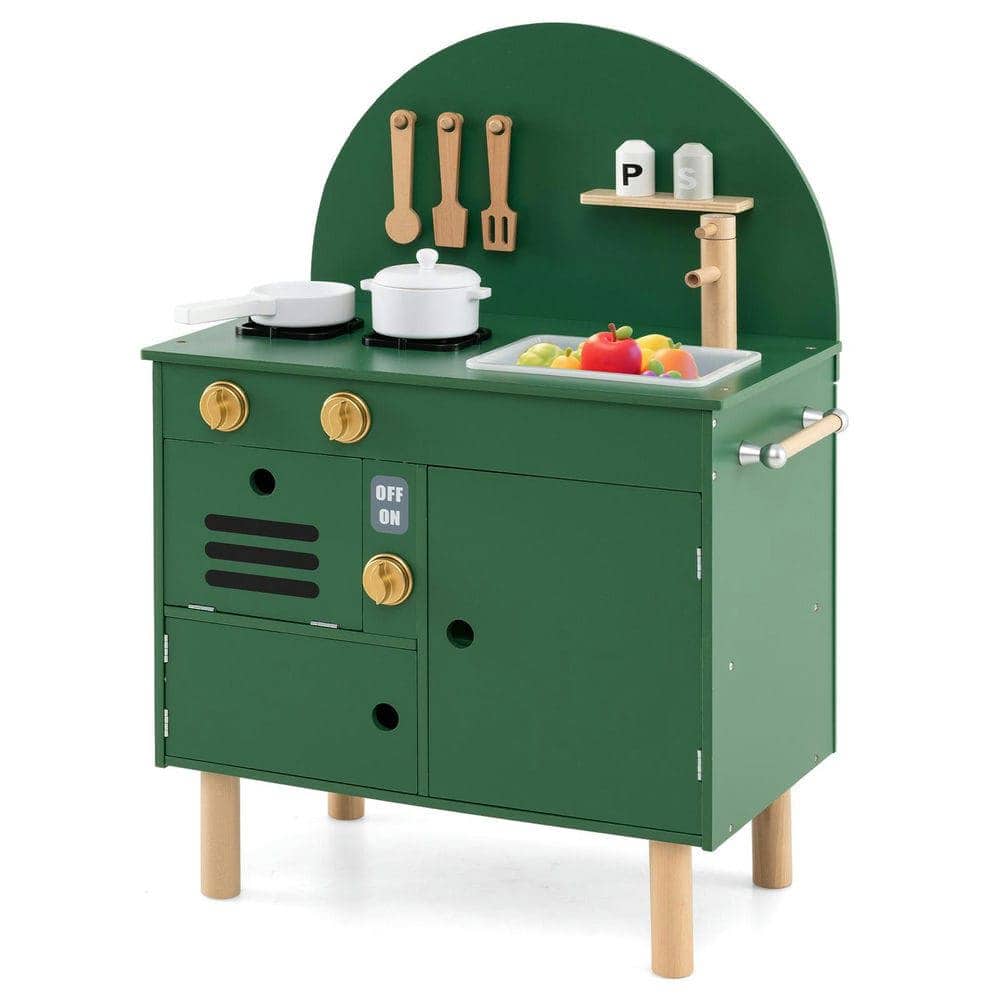 Resenkos - Kids Wooden Play Kitchen with Stove, Sink, Microwave & Oven - Pretend Set - Green