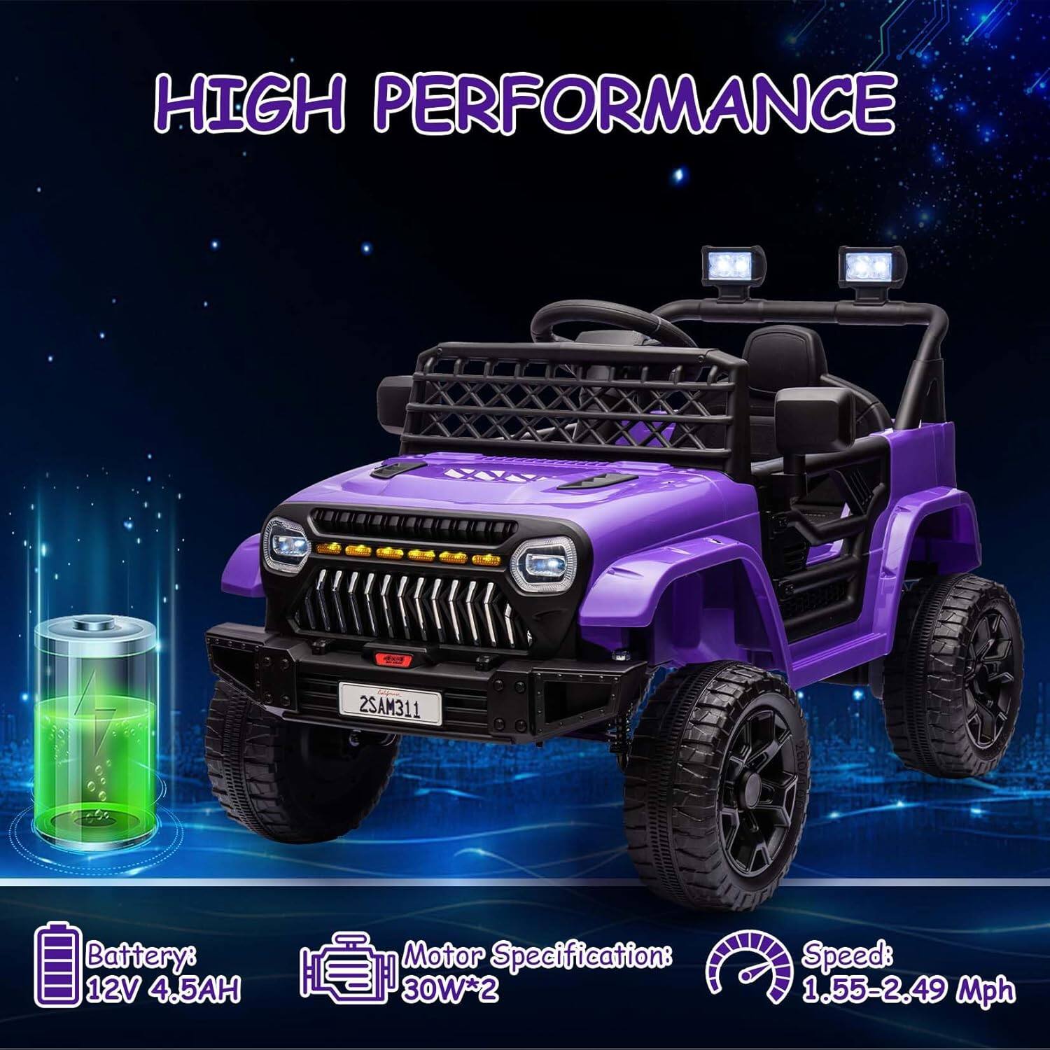 HIGH PERFORMANCE

Battery: 12V 4.5AH

Motor Specification: 30W*2

Speed: 1.55-2.49 Mph