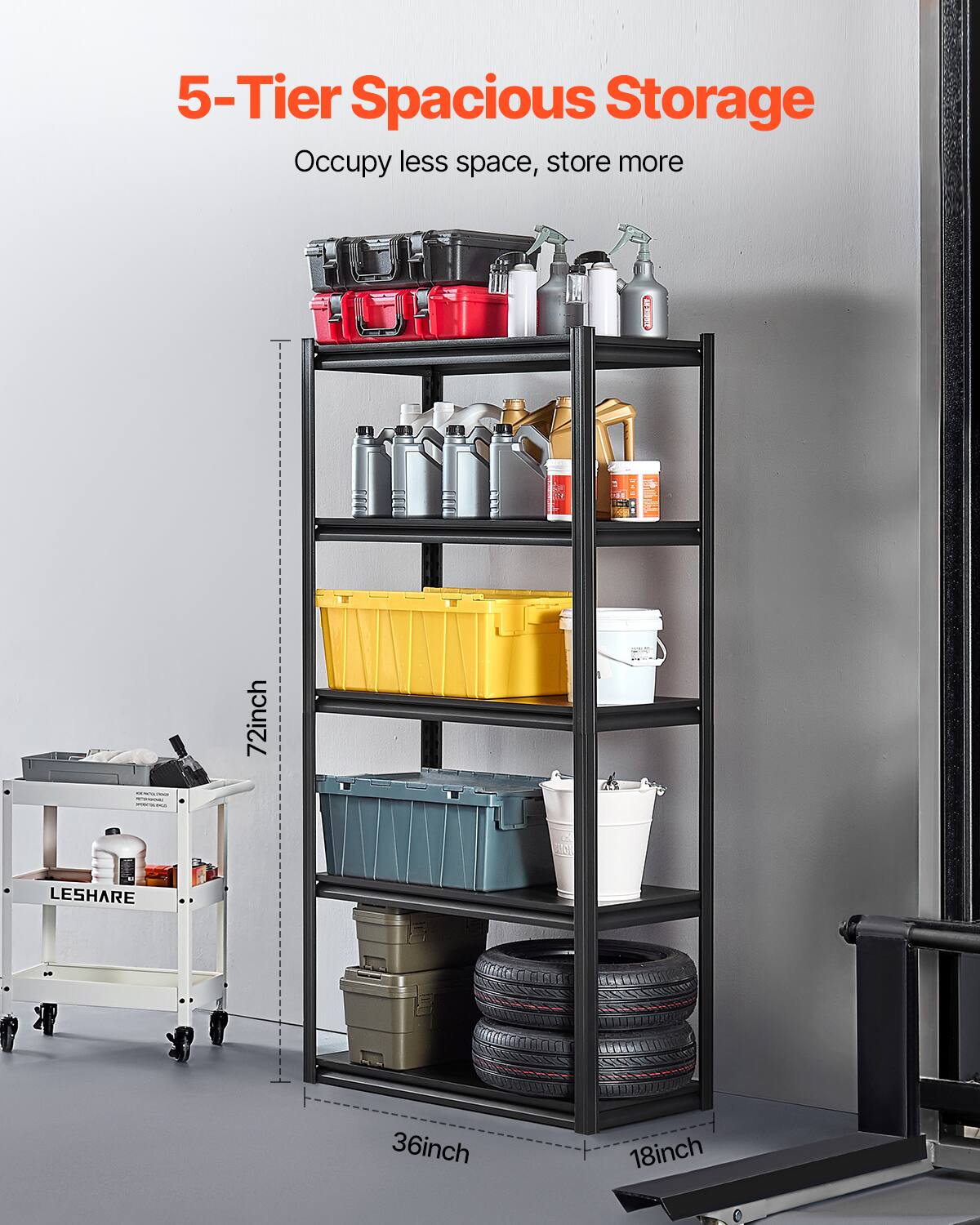 5-Tier Spacious Storage, Occupy less space, store more, 72inch, 36inch, 18inch