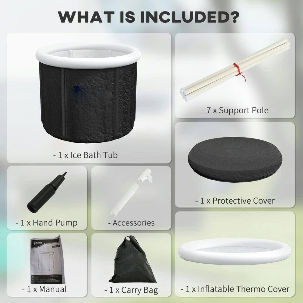 WHAT IS INCLUDED?

- 1 x Ice Bath Tub
- 7 x Support Pole
- 1 x Protective Cover
- 1 x Hand Pump
- Accessories
- 1 x Manual
- 1 x Carry Bag
- 1 x Inflatable Thermo Cover