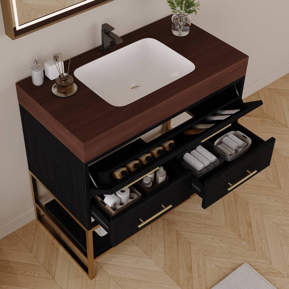 Alt View 1. Loheer - Loheer 36 inch bathroom vanity with sink, Freestanding bathroom sink cabinet, Sintered Stone Top, Black/Walnut - Black, Walnut.
