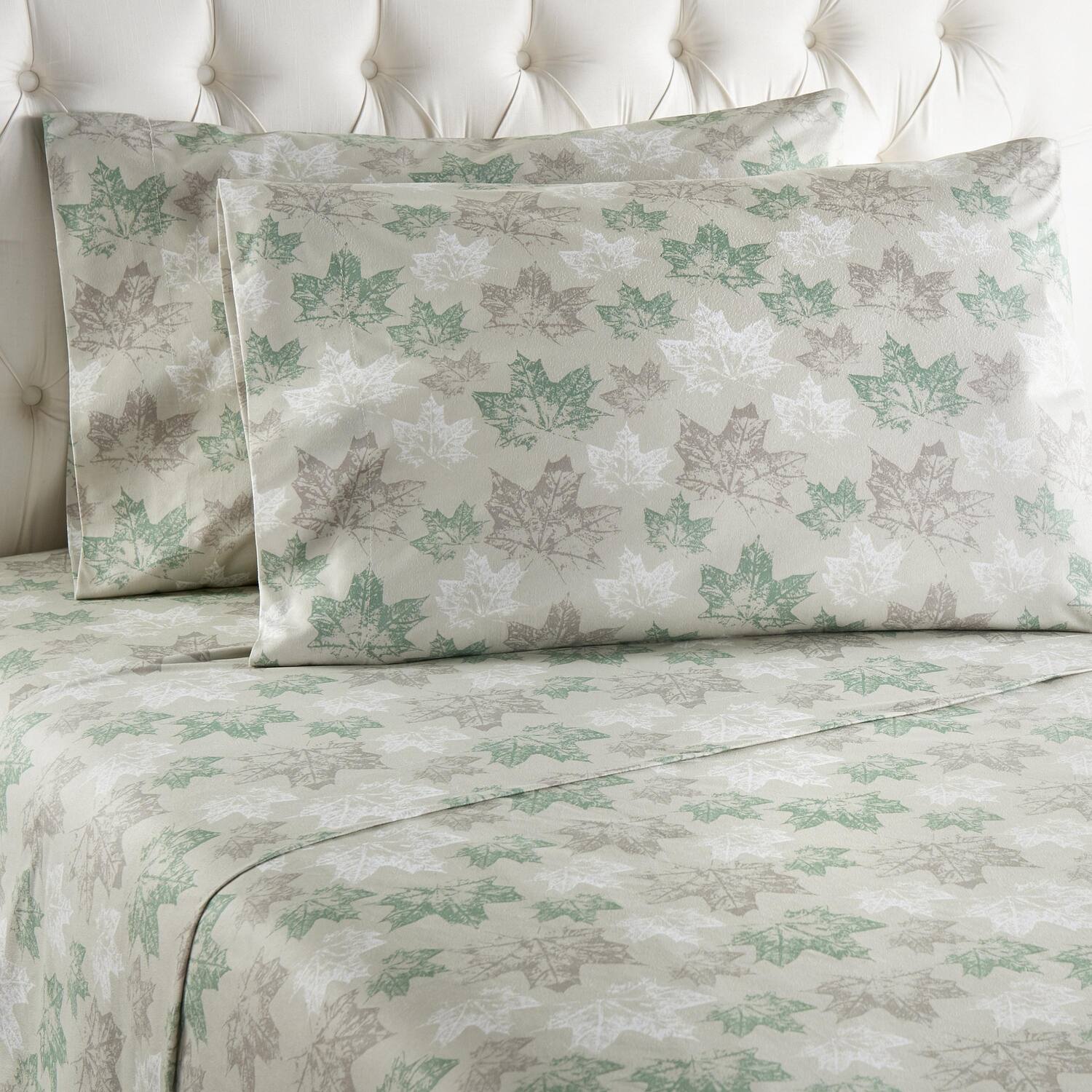 Left. Shavel Home Products - Shavel 100% Polyester Luxury Micro Flannel Printed Deep-Pocket Maple Leaves Sheet Set Queen Tan - Tan.