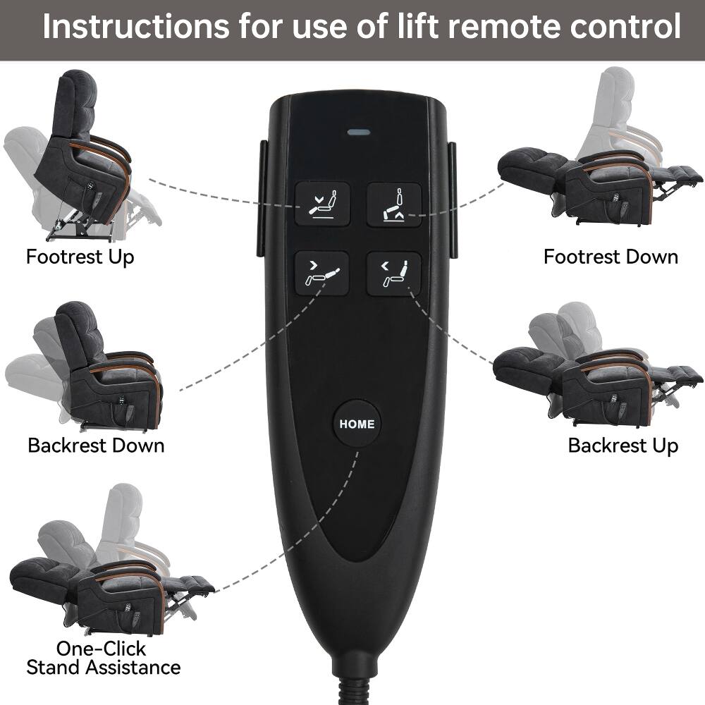 Instructions for use of lift remote control

- Footrest Up
- Footrest Down
- Backrest Down
- HOME
- Backrest Up
- One-Click Stand Assistance
