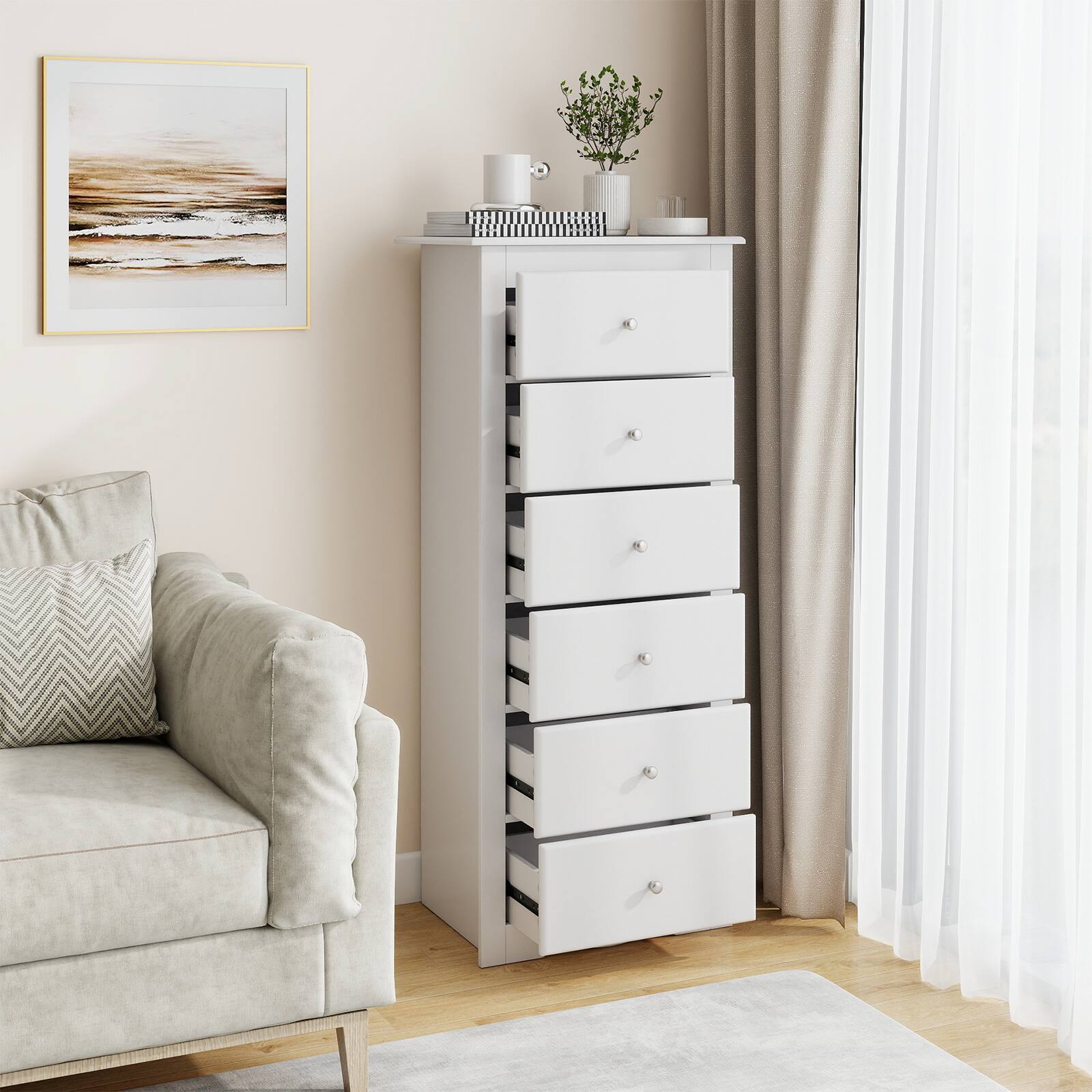 Alt View 3. Gymax - Gymax 6 Drawer Dresser 53.5'' Tall Storage Cabinet with Metal Sliding Rail & Handles - White.