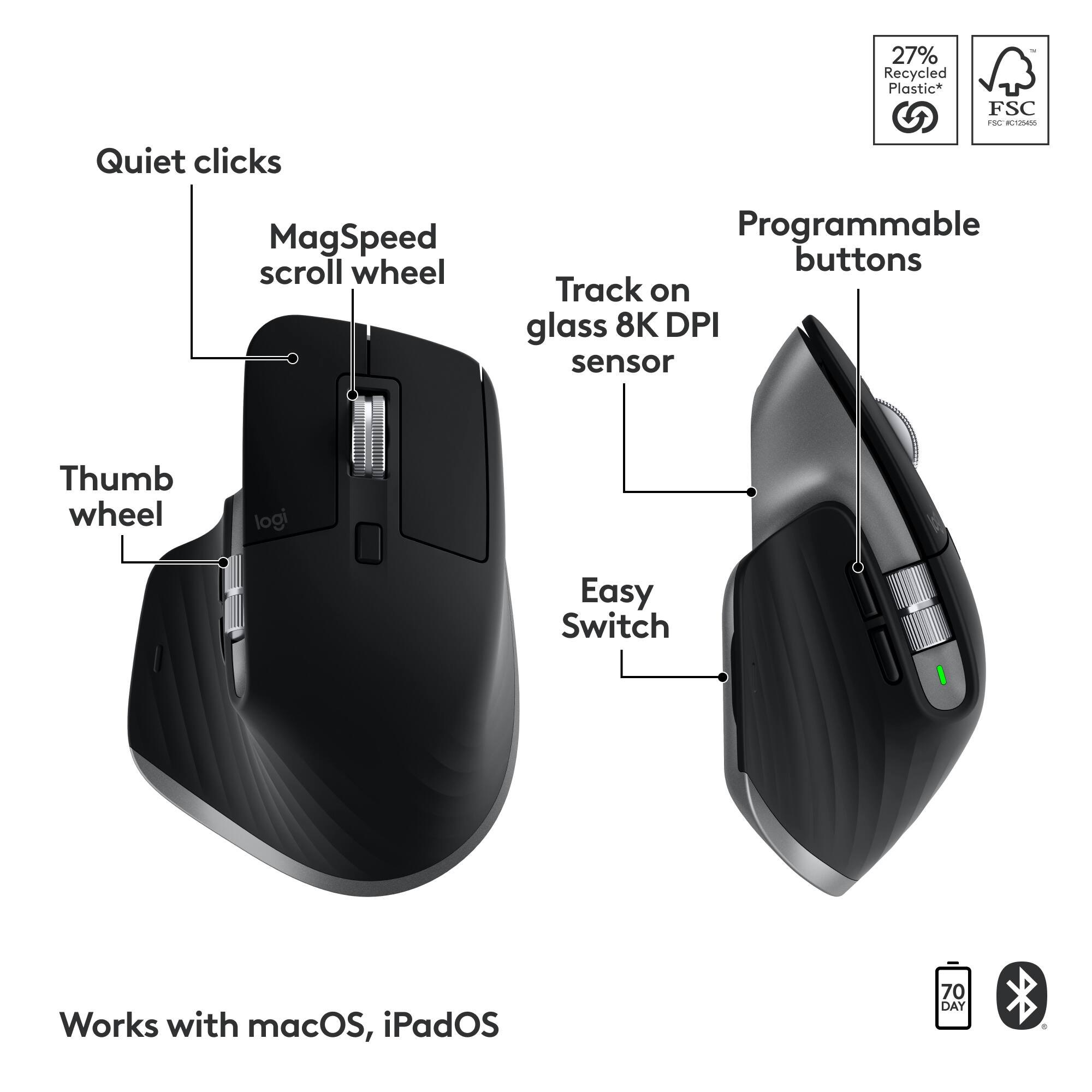The image features a black computer mouse with a 27% recycled plastic label. It has quiet clicks, a MagSpeed scroll wheel, and a programmable buttons. The mouse also has a track on glass 8K DPI sensor and a thumb wheel. The mouse is designed to work with macOS and iPadOS.