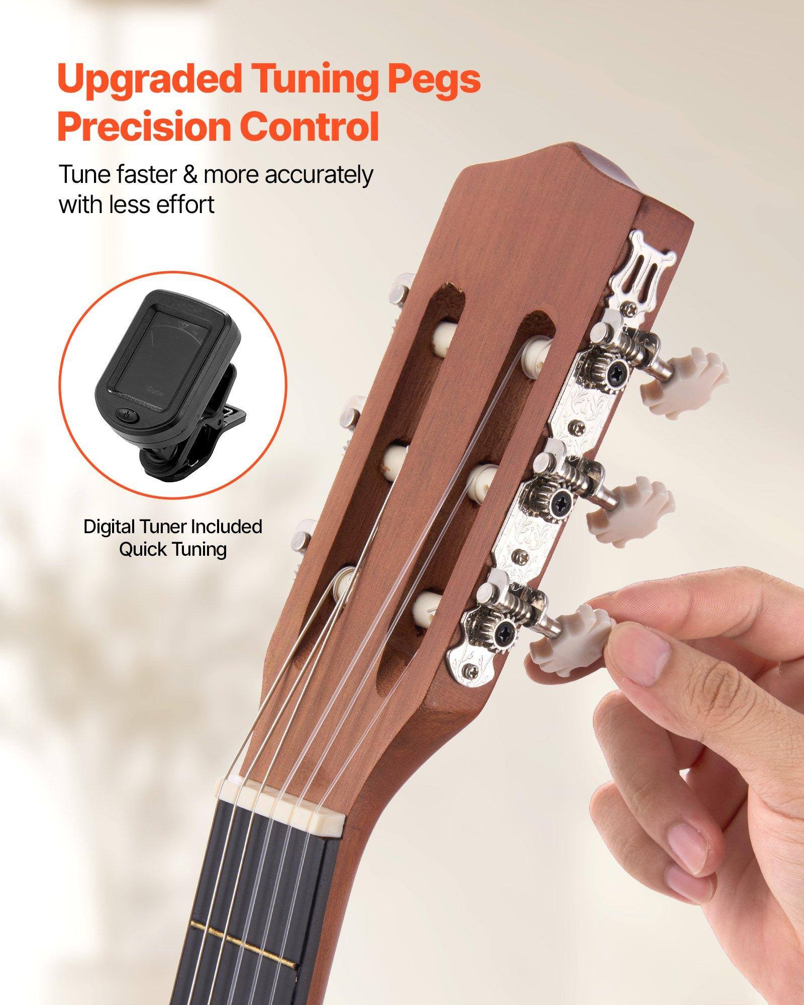 Upgraded Tuning Pegs  
Precision Control  
Tune faster & more accurately with less effort  

Digital Tuner Included  
Quick Tuning