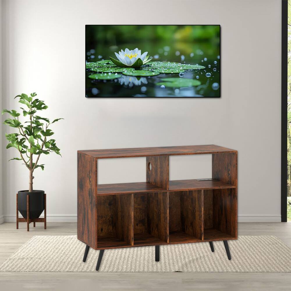 Front. Hivvago - Music Player Cabinet with Charging Ports and Open Display Storage - Rustic Brown.